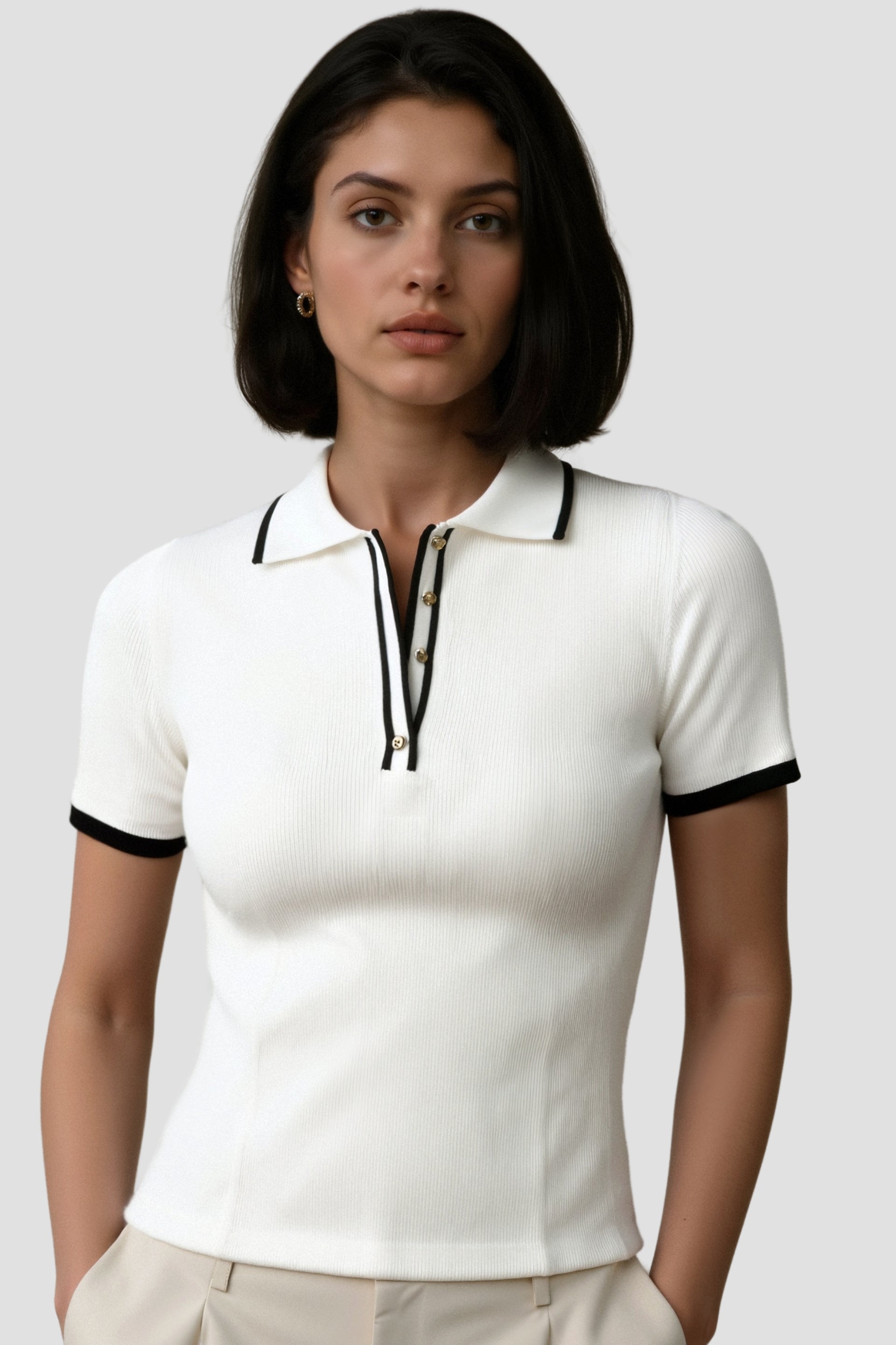 Contrast Elegant Trim Collared Slim Button Up Polo T-Shirt