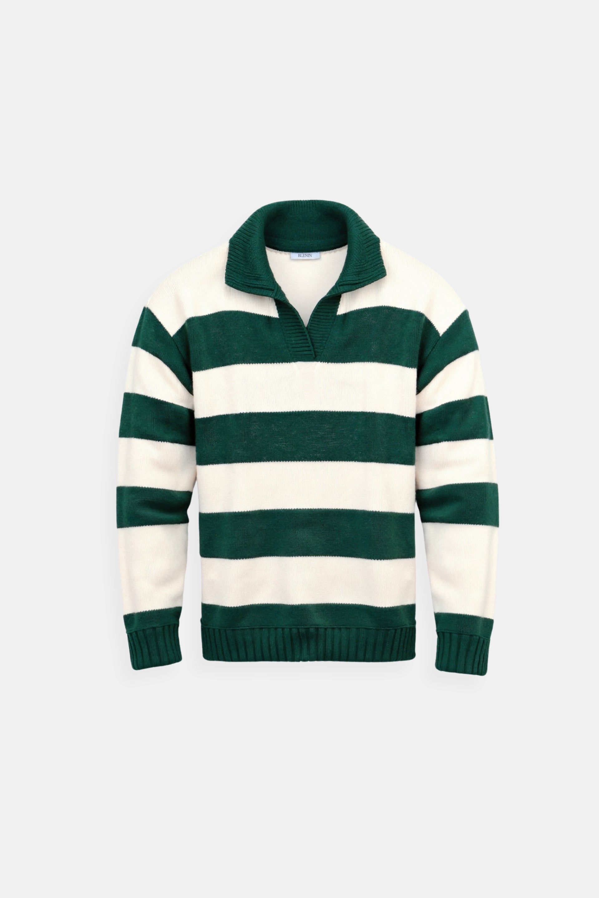 Green Color Block Striped Knitted Polo Pullover
