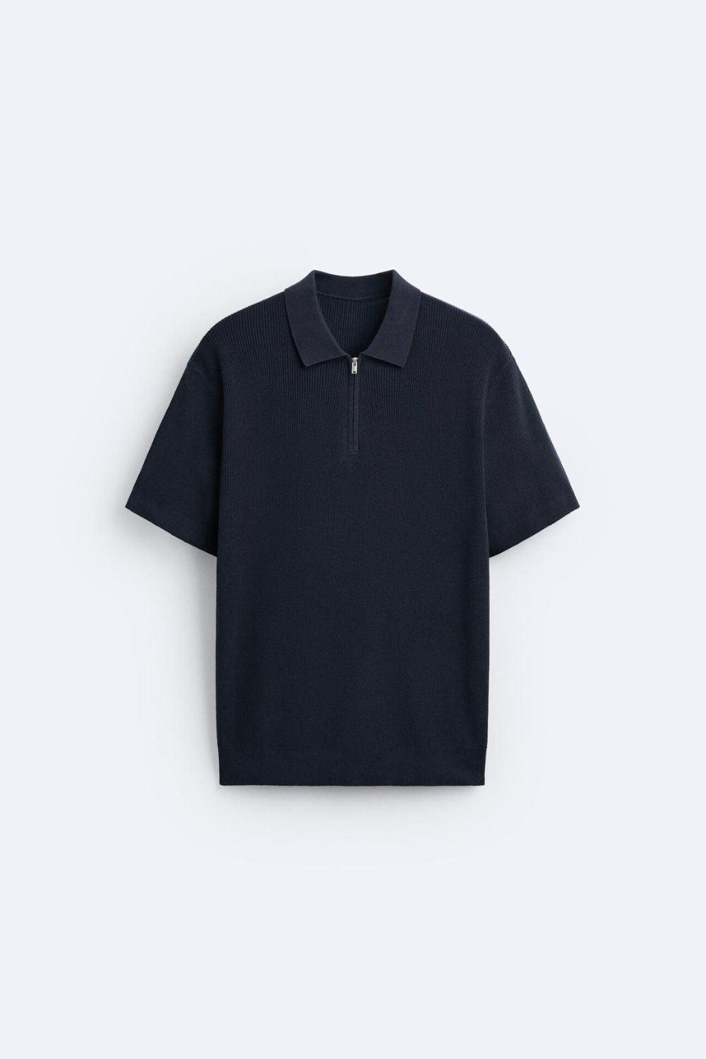 Knitted Short Sleeve Polo Zip T-Shirt