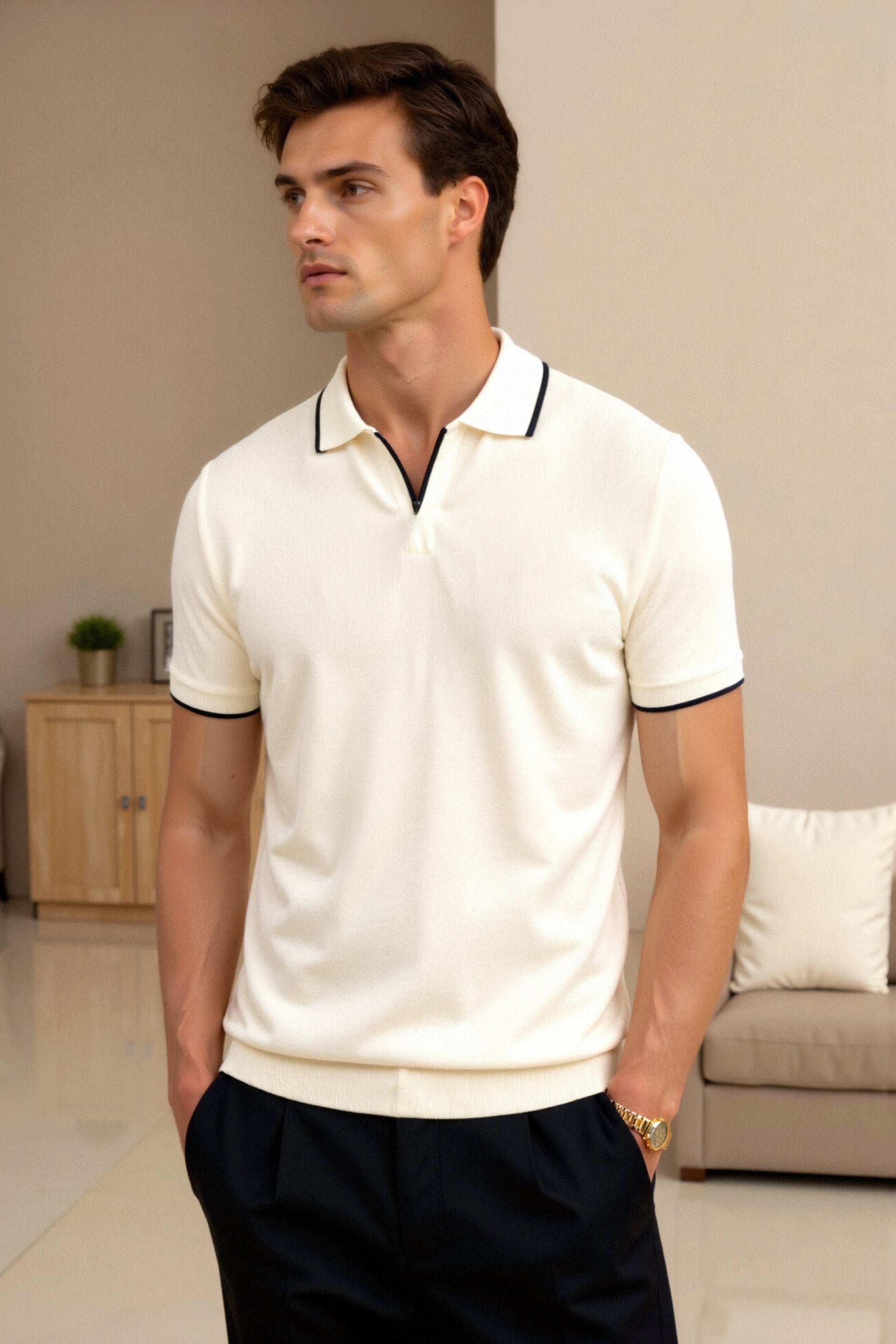 Contrast Slim Fitted Elegant Summer Sleeveless Polo T-Shirt
