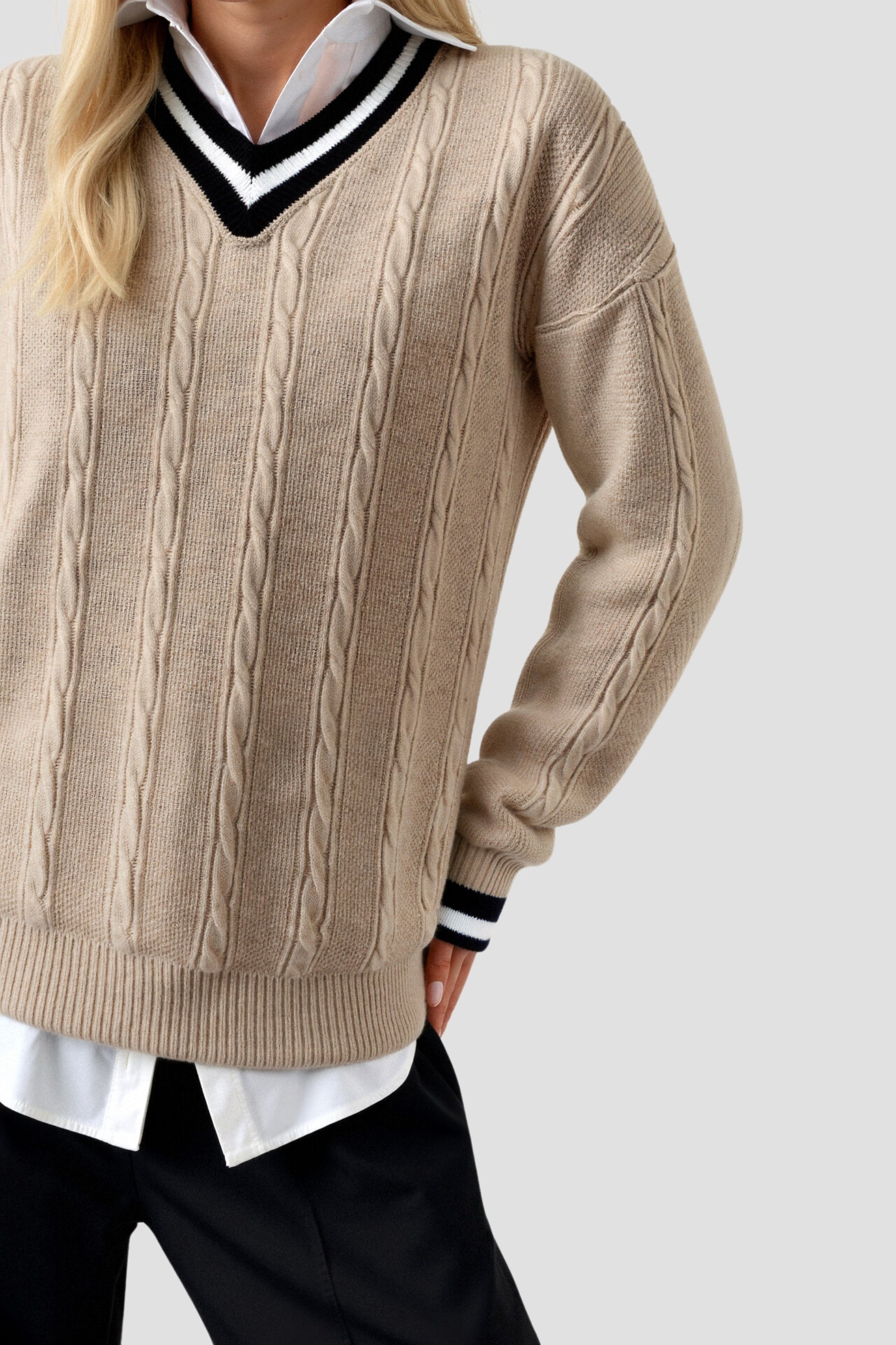 Contrast Trim V Neck Elegant Cable Knit Long Sleeve Sweater