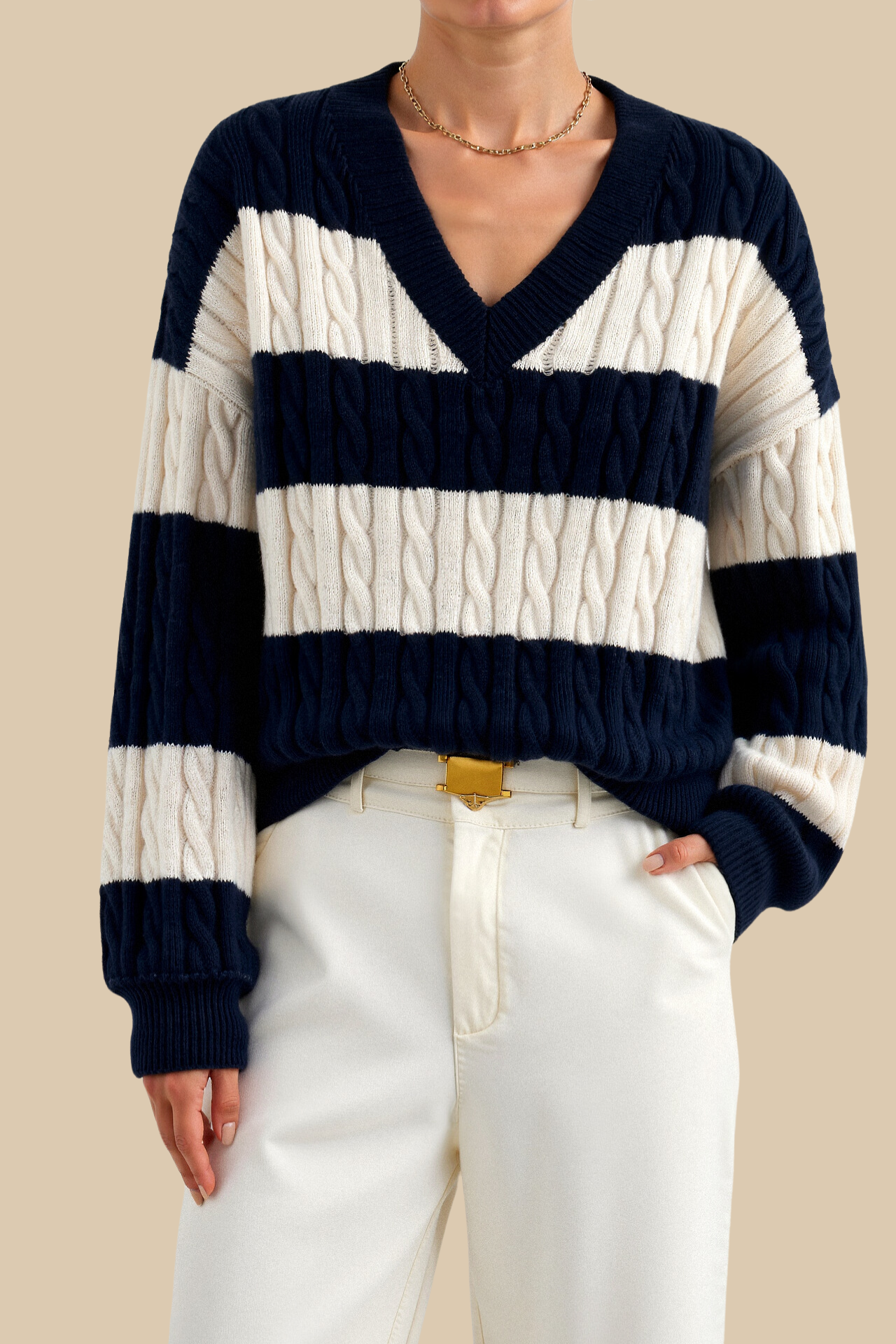 Cable Knit Color Block V Neck Elegant Drop Shoulder Sweater