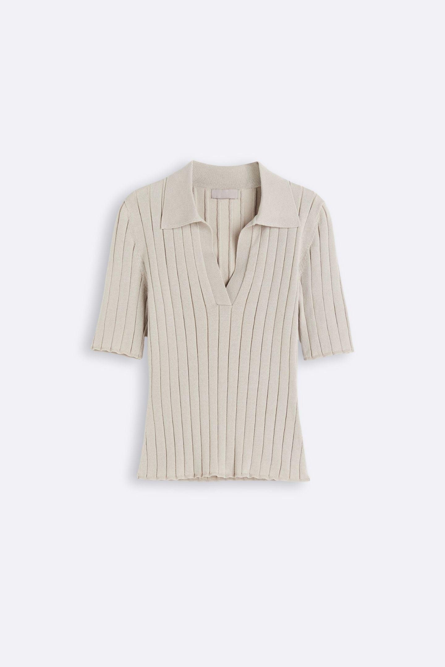 Ribbed Straight Collar Polo T-Shirt