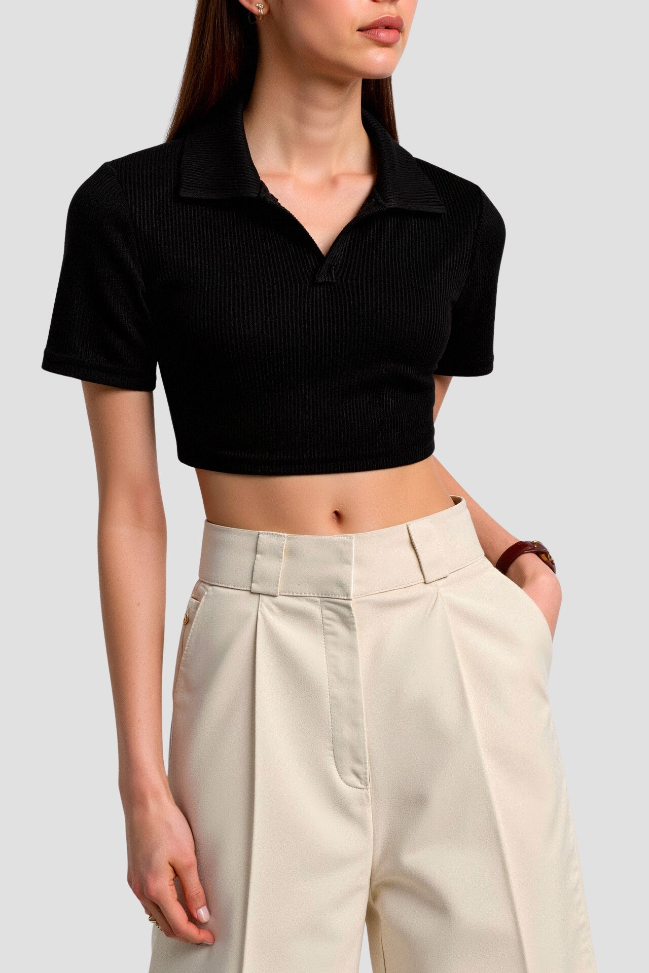 Cropped Solid Collared Short Sleeve Ribbed Polo T-shirt