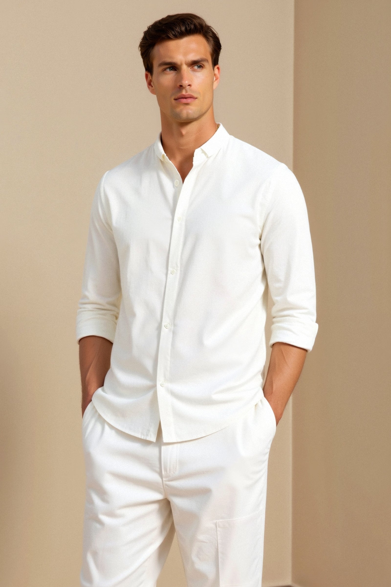 Cotton Linen Solid Color Long Sleeve Button Down Top Shirt Stand Collar