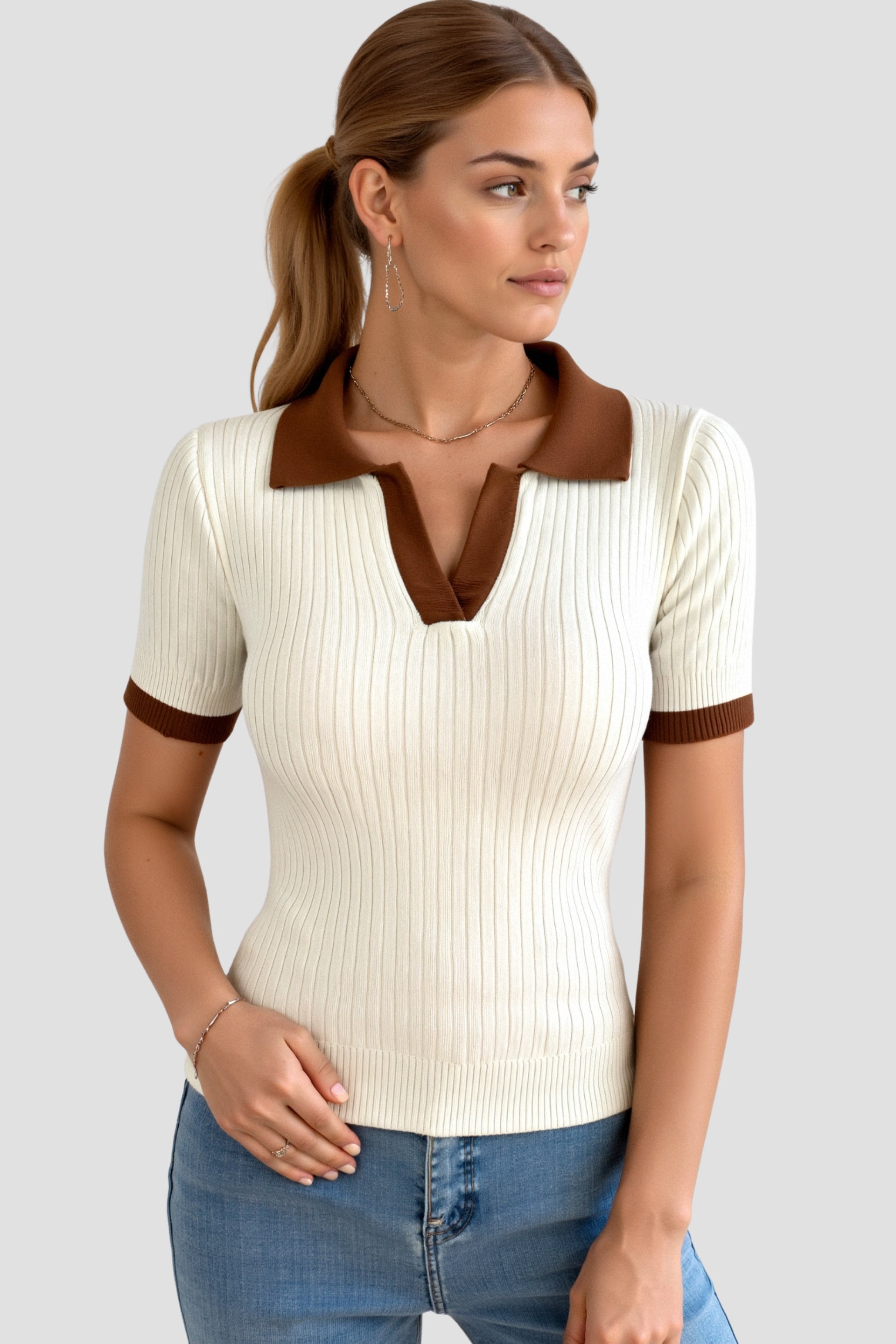 Casual Polo Color Block Notched Collar Knitted Top