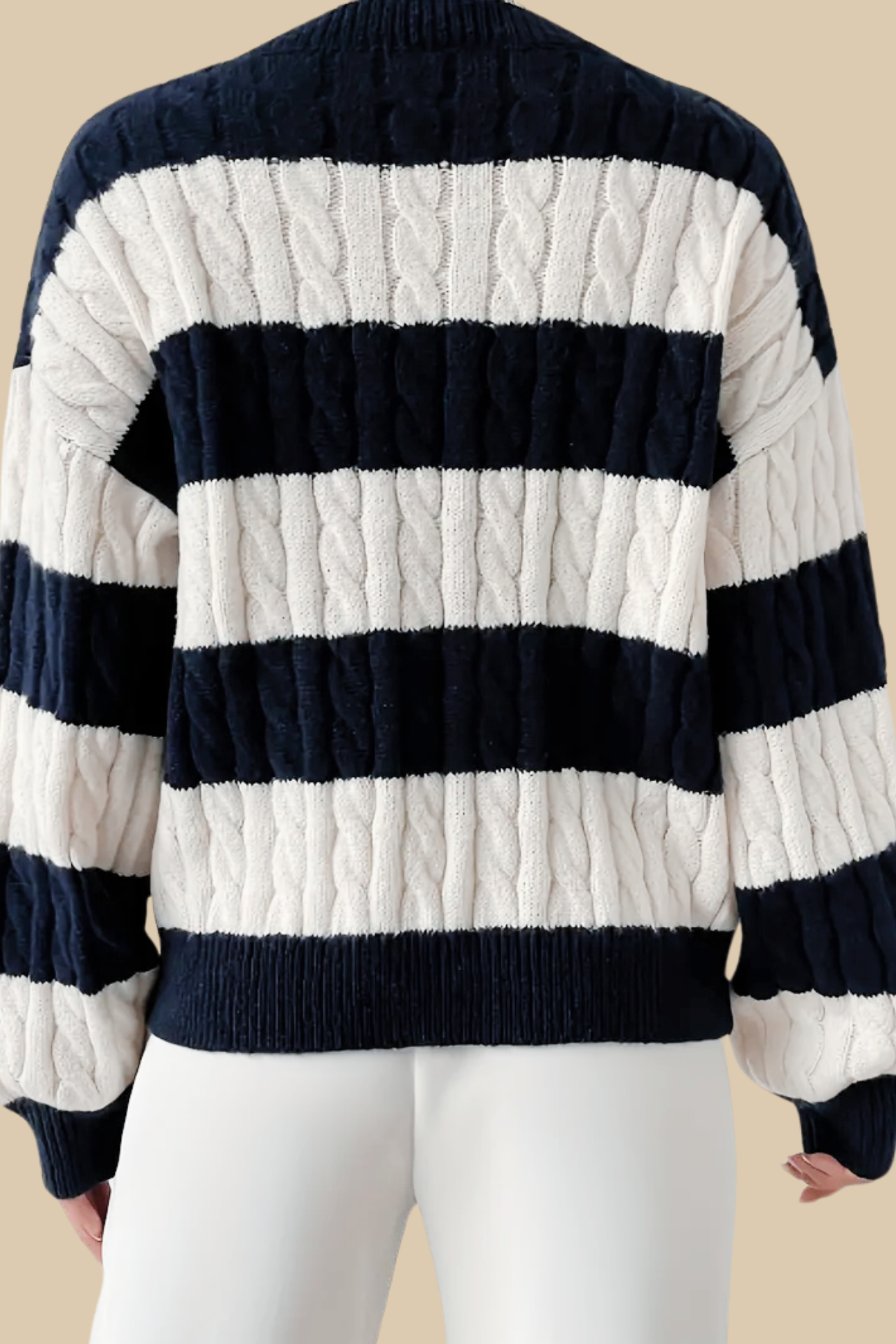 Cable Knit Color Block V Neck Elegant Drop Shoulder Sweater