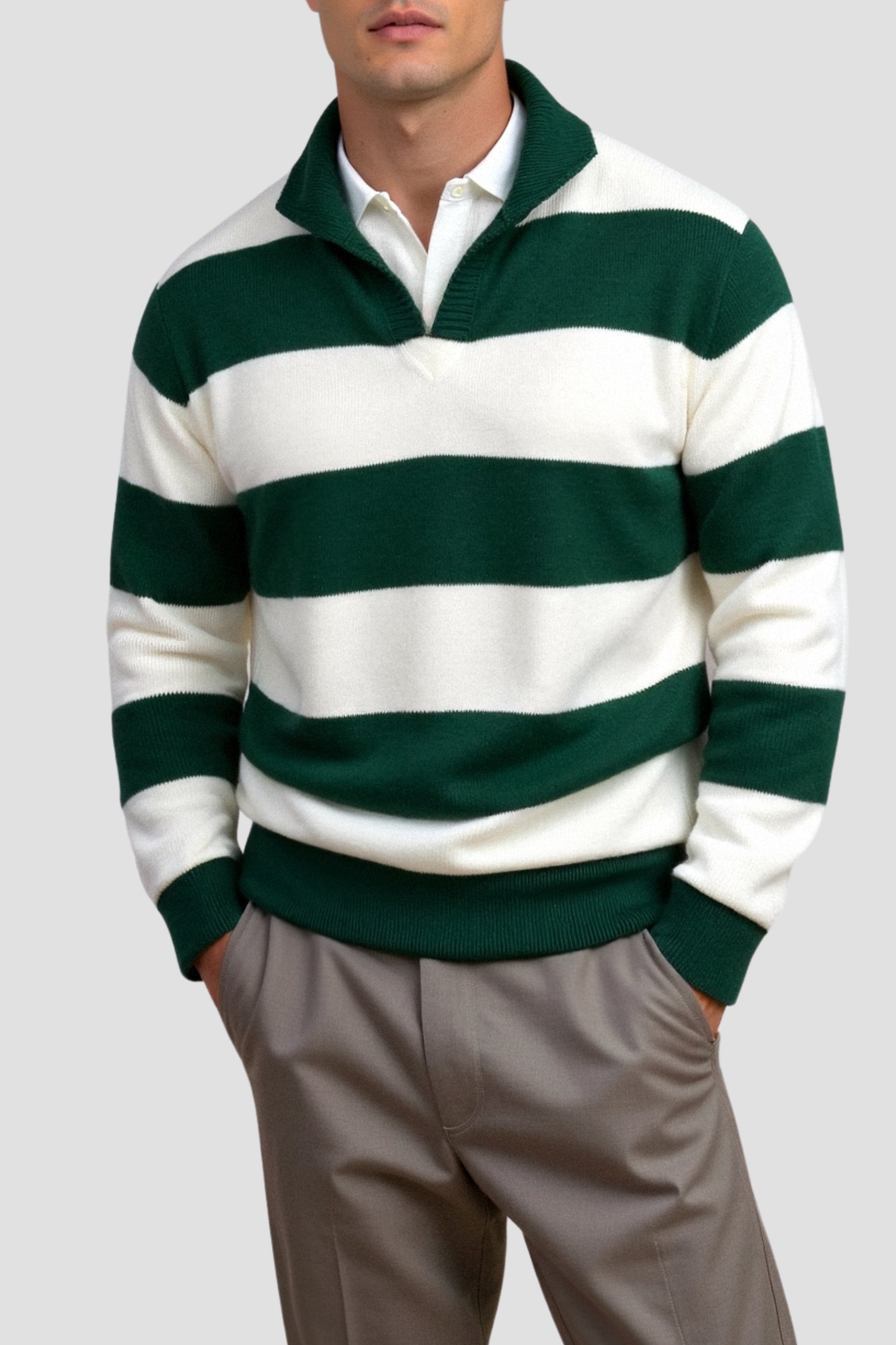Green Color Block Striped Knitted Polo Pullover