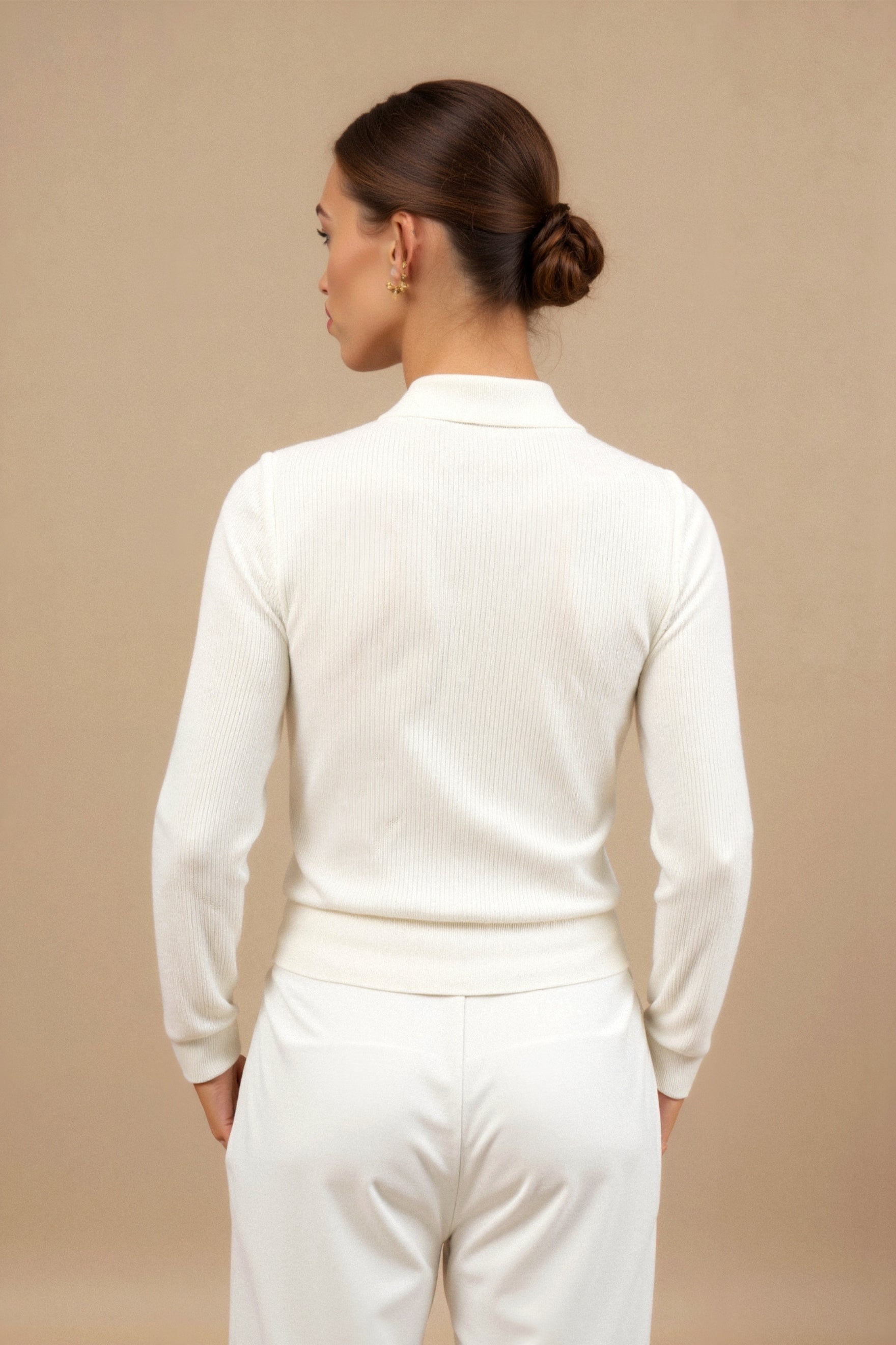 Elegant Long Sleeve Solid Notched Collar Ribbed Polo T-shirt