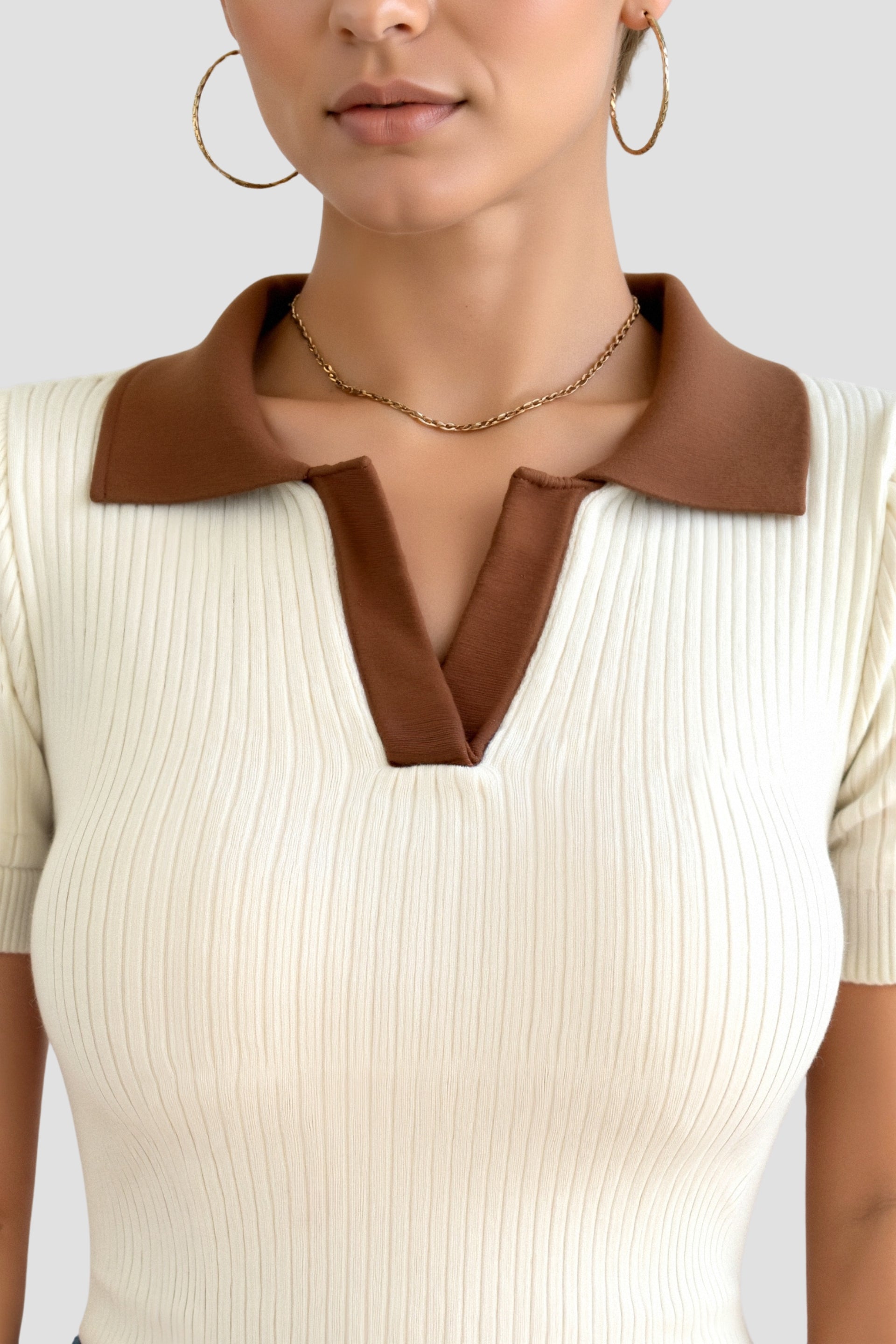 Casual Polo Color Block Notched Collar Knitted Top