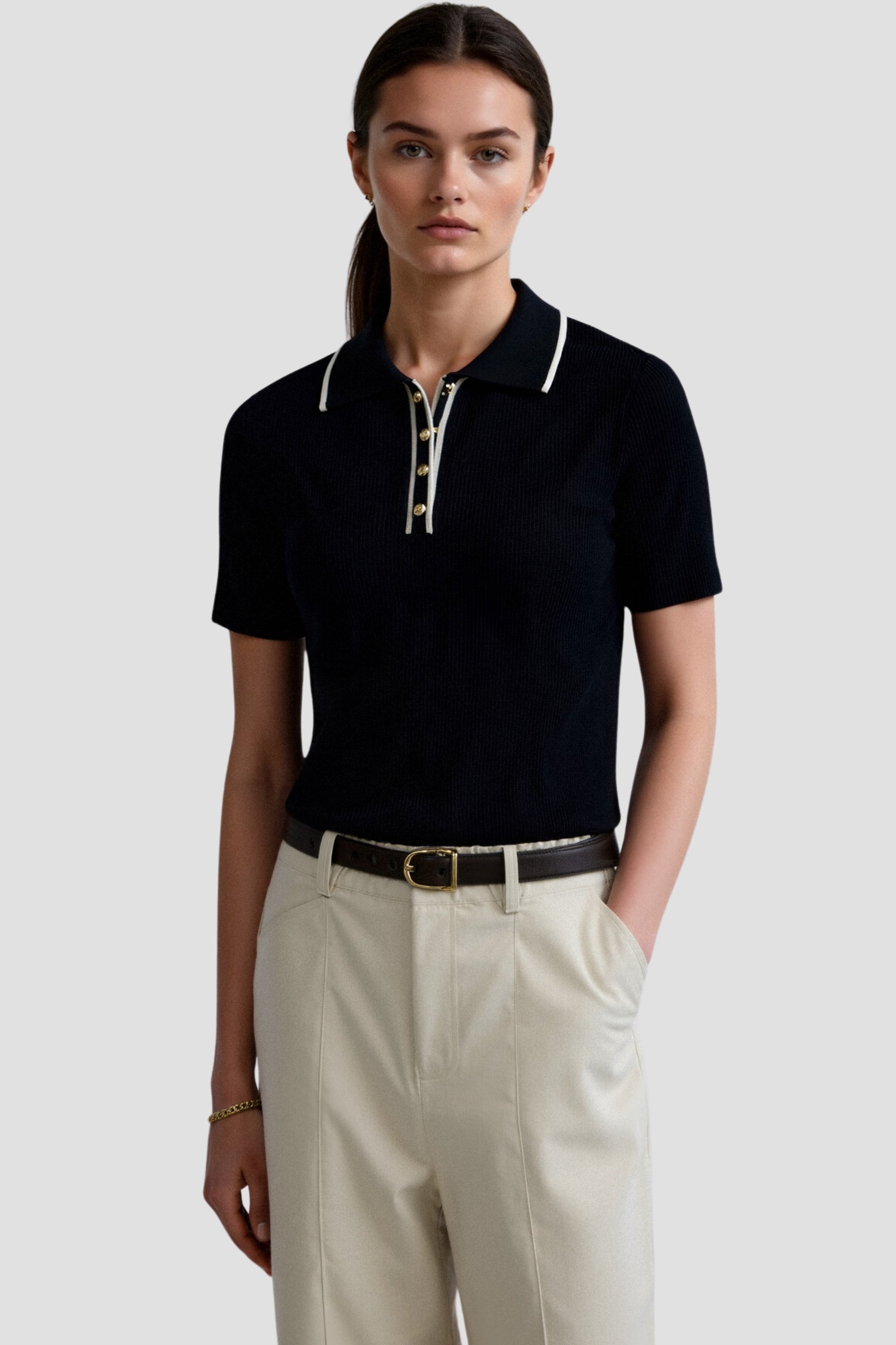 Contrast Elegant Trim Collared Slim Button Up Polo T-Shirt
