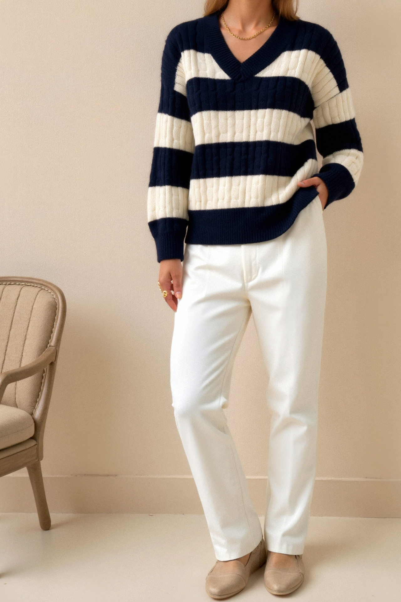 Cable Knit Color Block V Neck Elegant Drop Shoulder Sweater