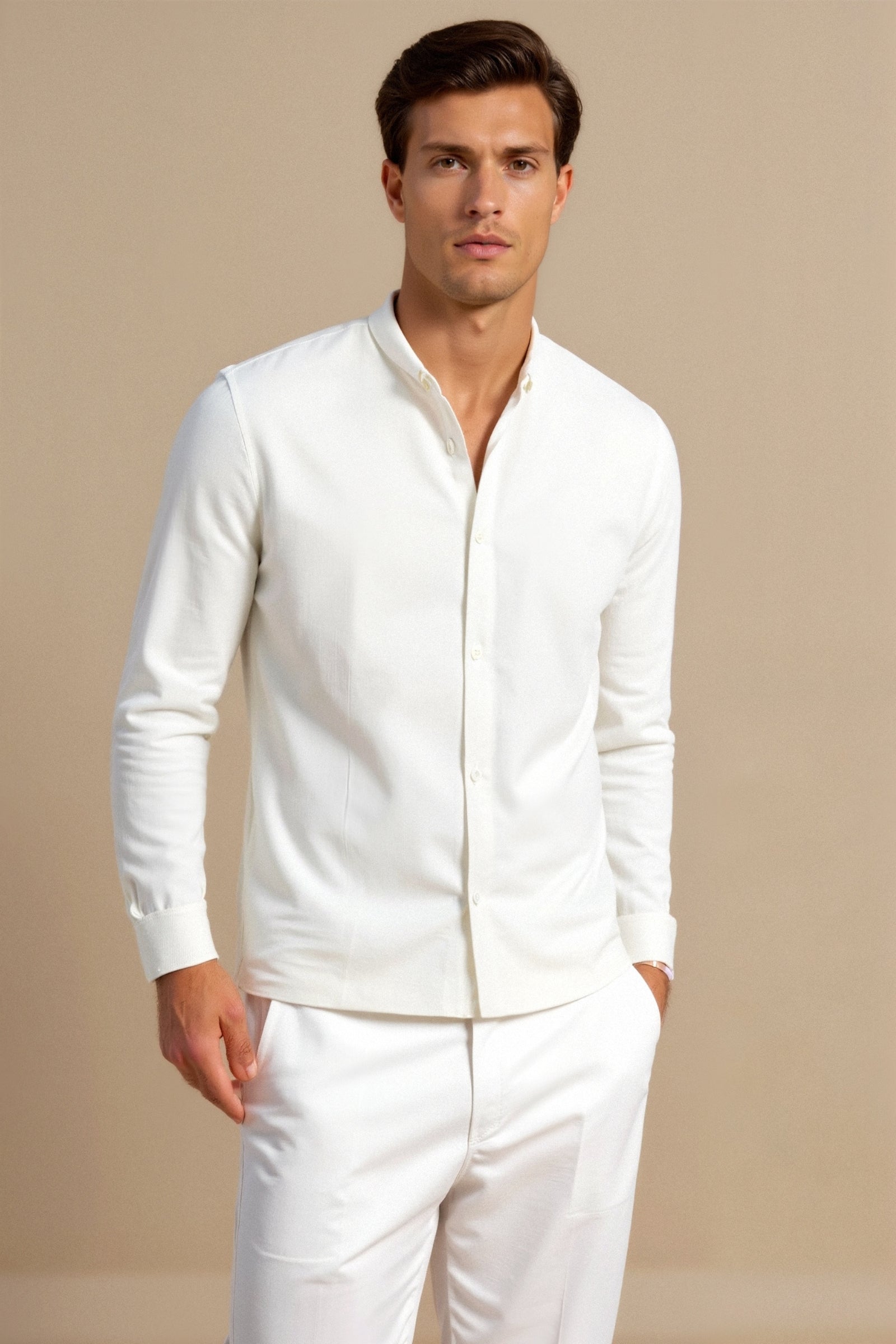 Cotton Linen Solid Color Long Sleeve Button Down Top Shirt Stand Collar