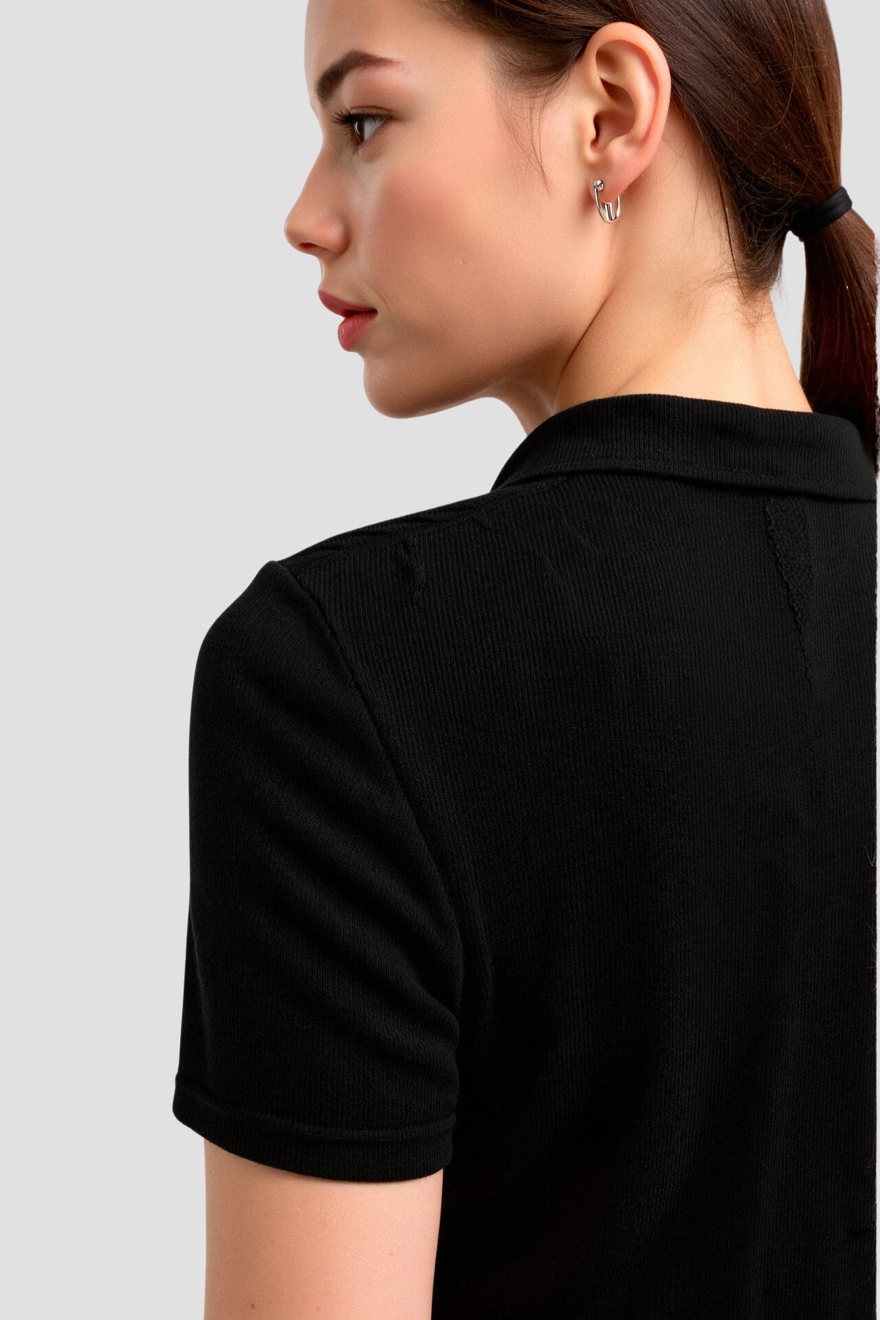 Cropped Solid Collared Short Sleeve Ribbed Polo T-shirt