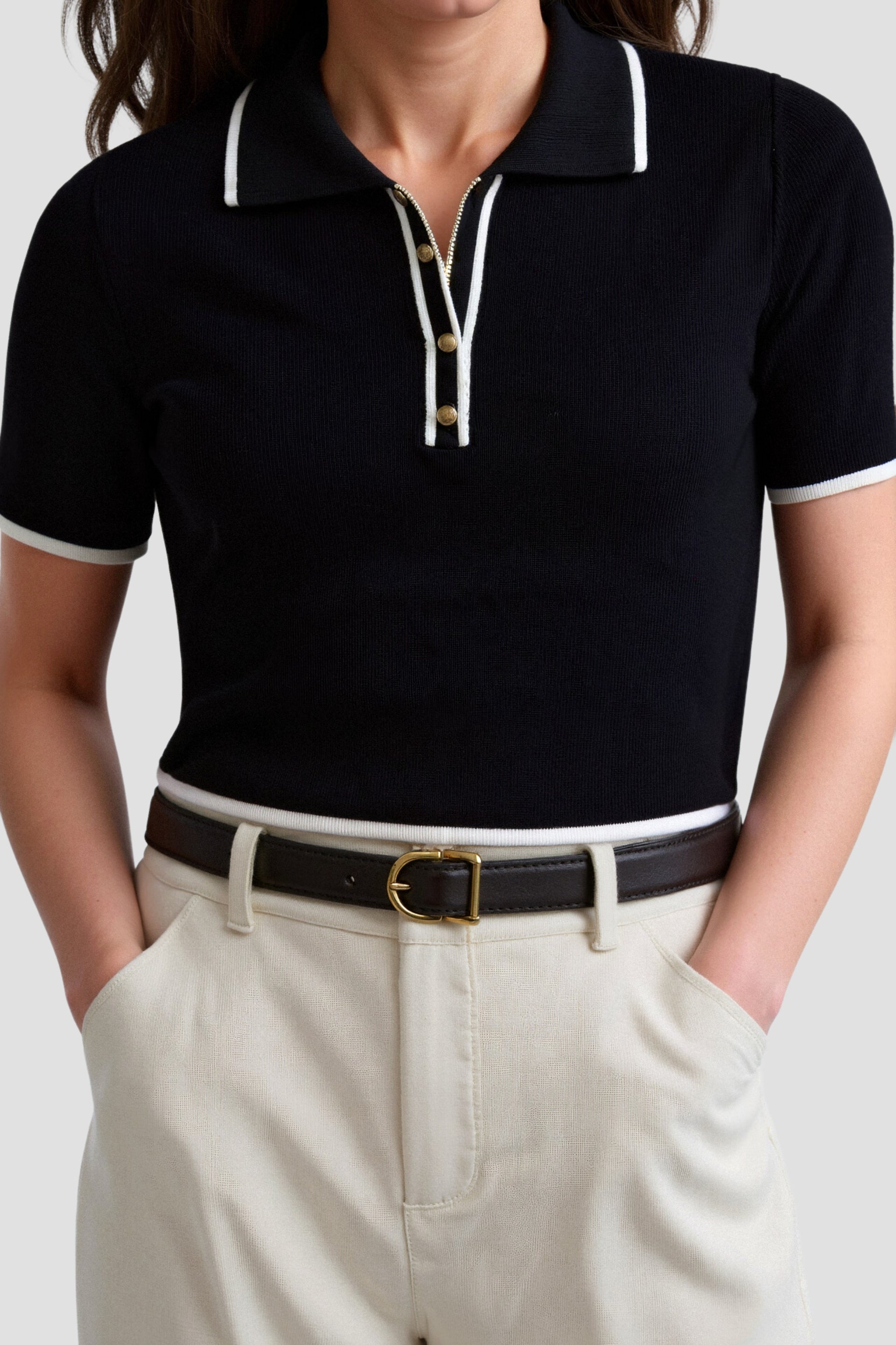 Contrast Elegant Trim Collared Slim Button Up Polo T-Shirt