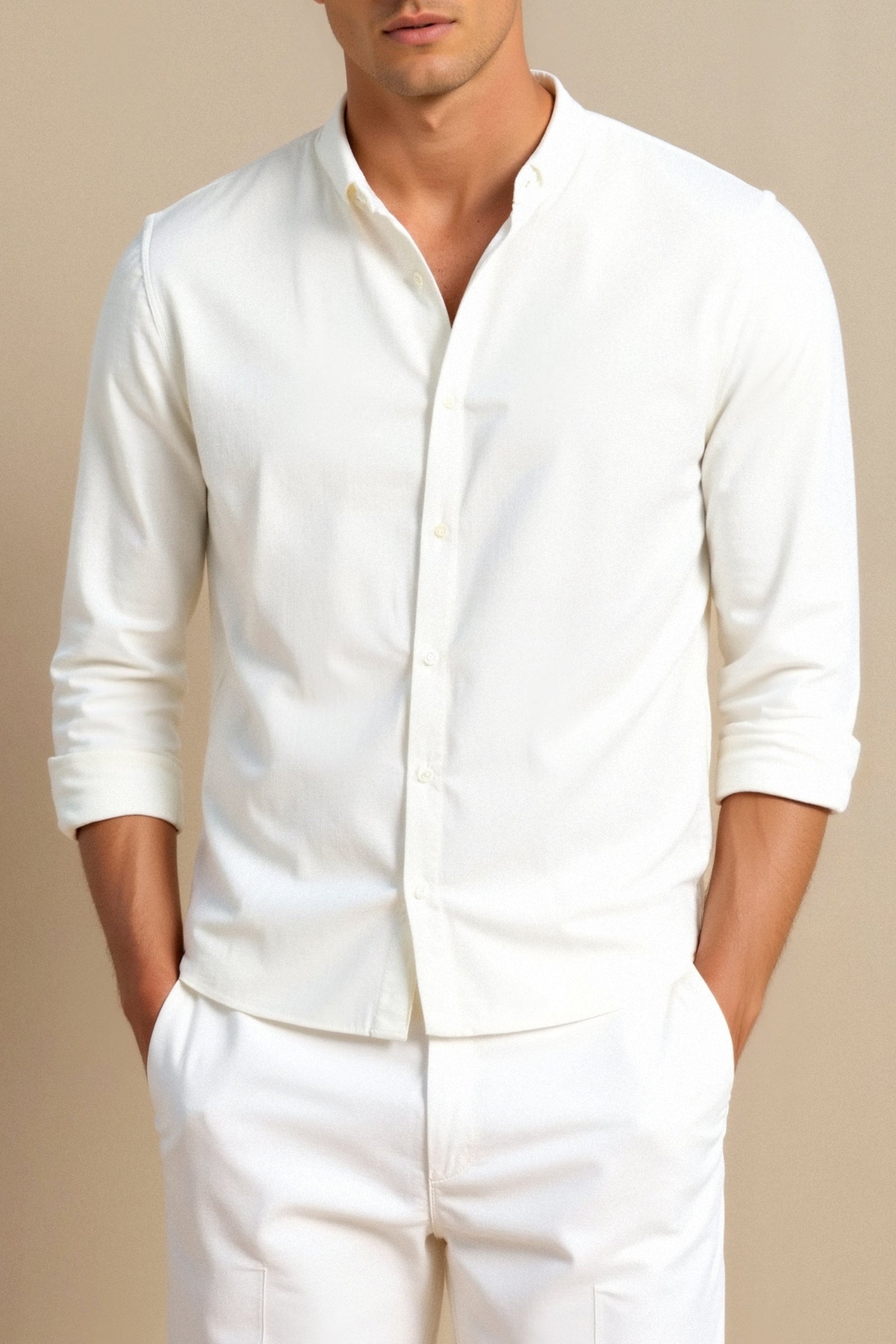 Cotton Linen Solid Color Long Sleeve Button Down Top Shirt Stand Collar