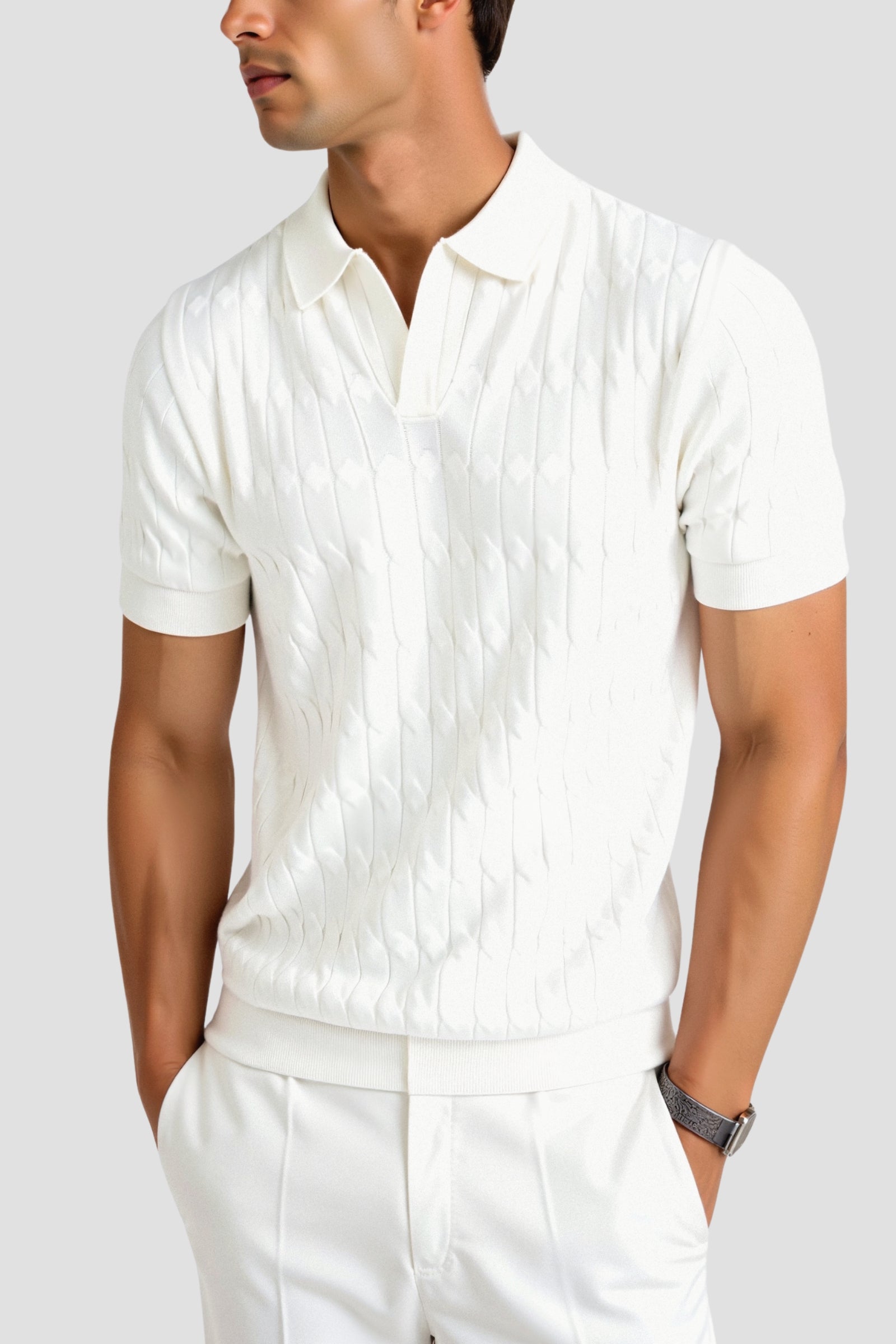 Premium V-Neck Cable Knit Polo T-Shirt