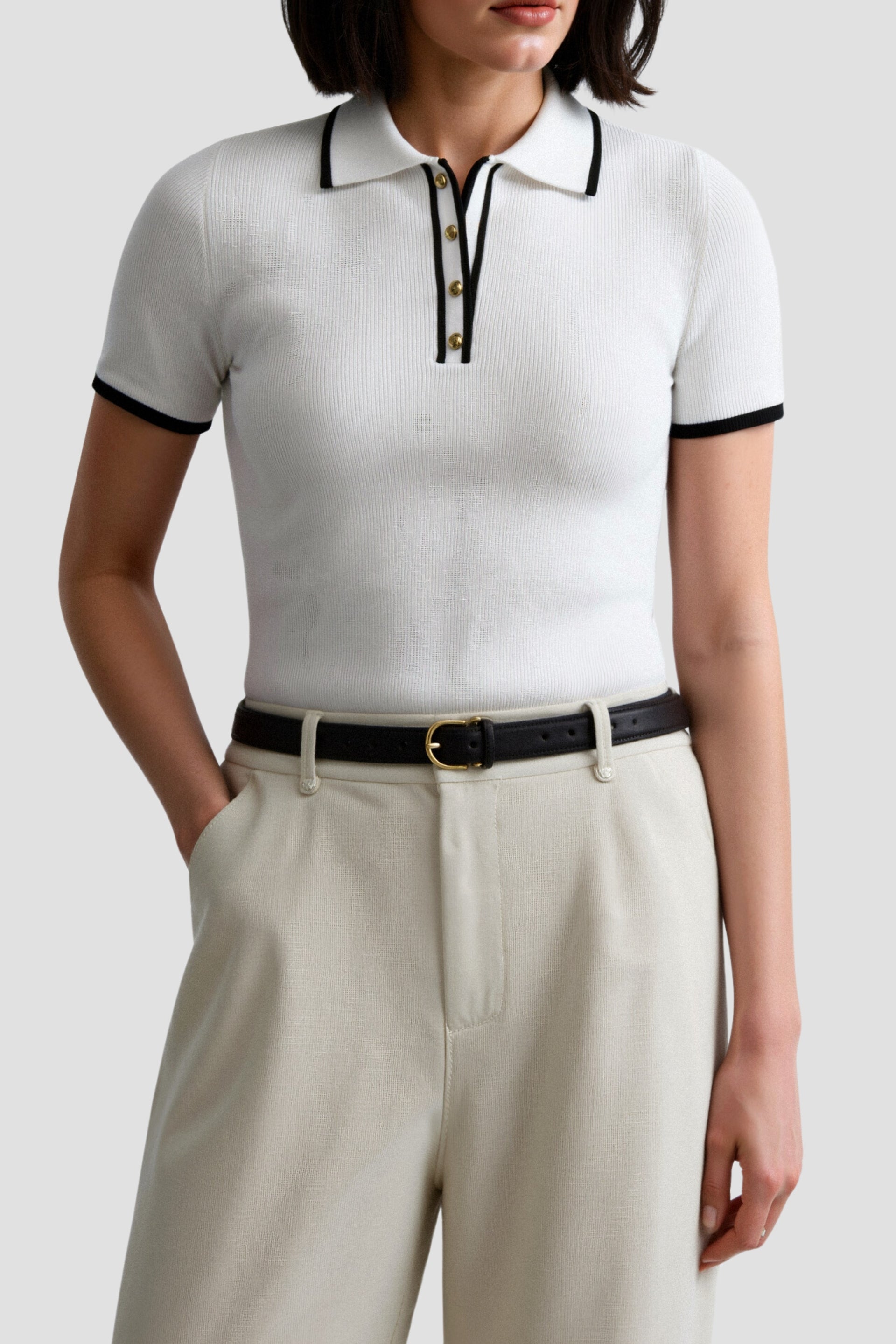 Contrast Elegant Trim Collared Slim Button Up Polo T-Shirt