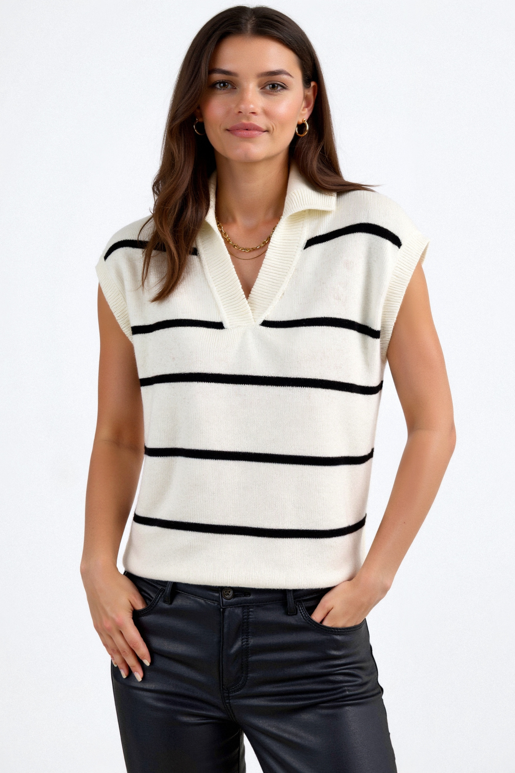 Casual Stripes Lapel Neck Pullover Polo Vest