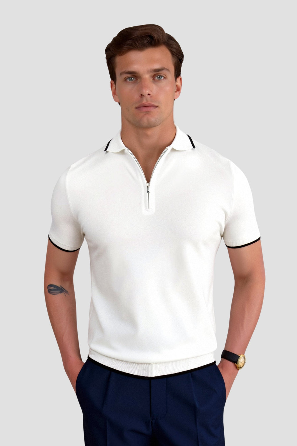 Color Matching Knitted Quarter Zip Golf Polo T-Shirt