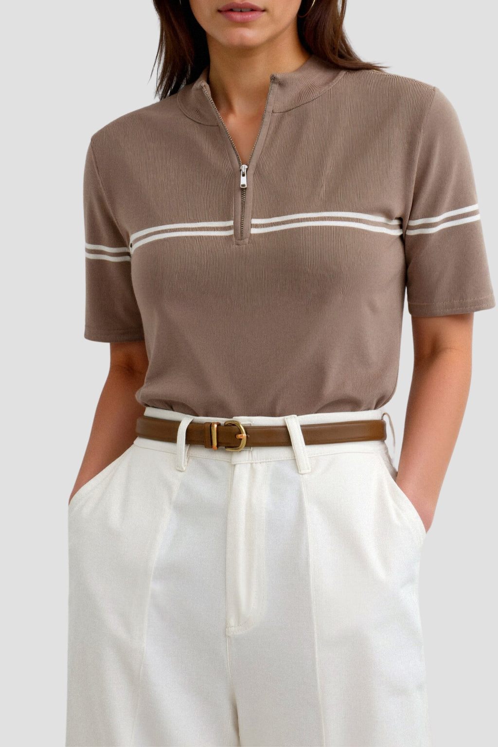 Zip Up Elegant Short Sleeve Striped T-shirt