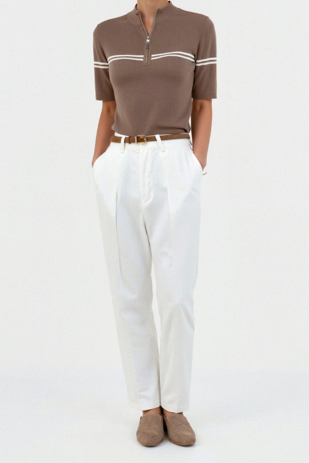 Zip Up Elegant Short Sleeve Striped T-shirt