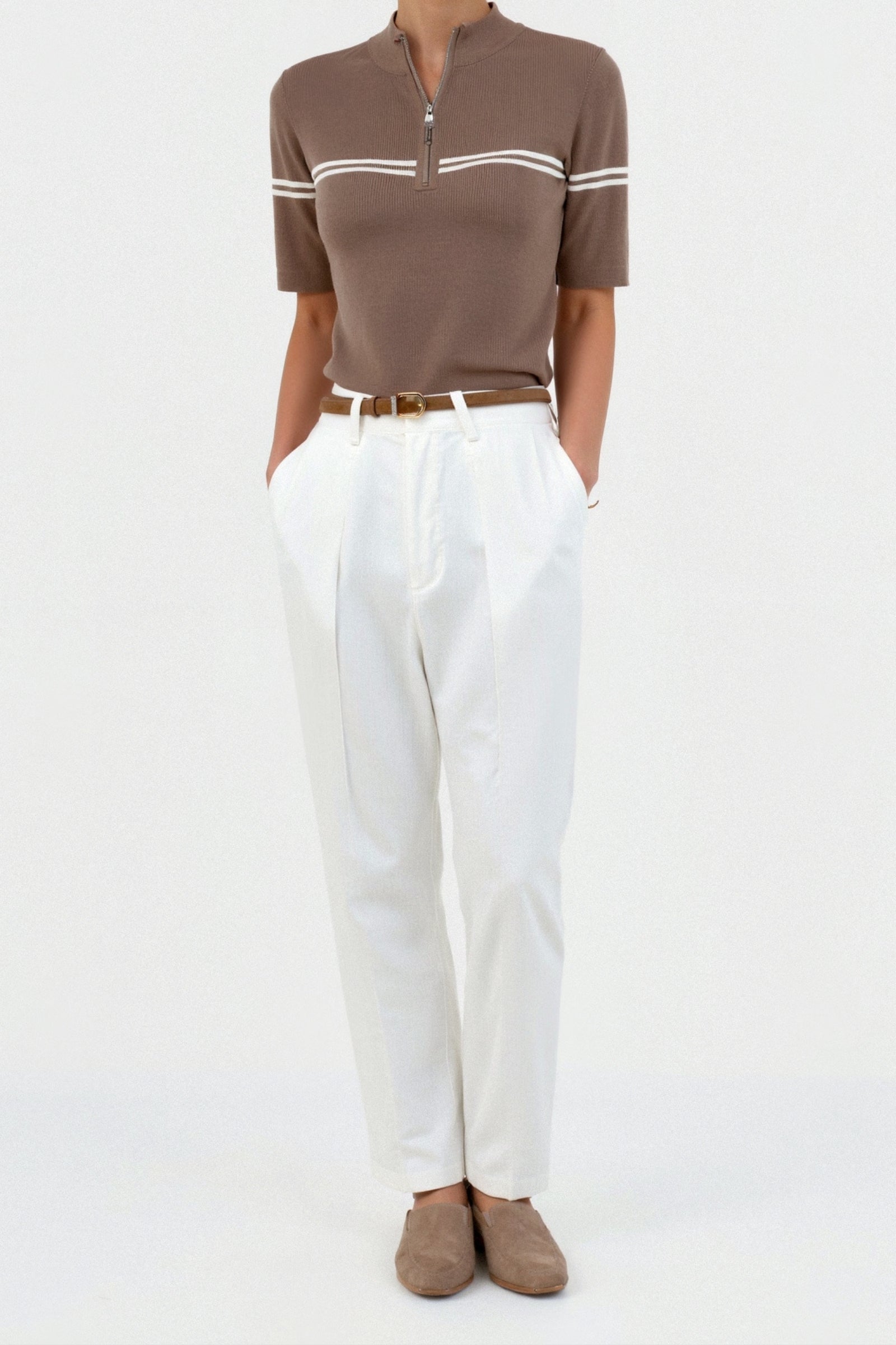 Zip Up Elegant Short Sleeve Striped T-shirt