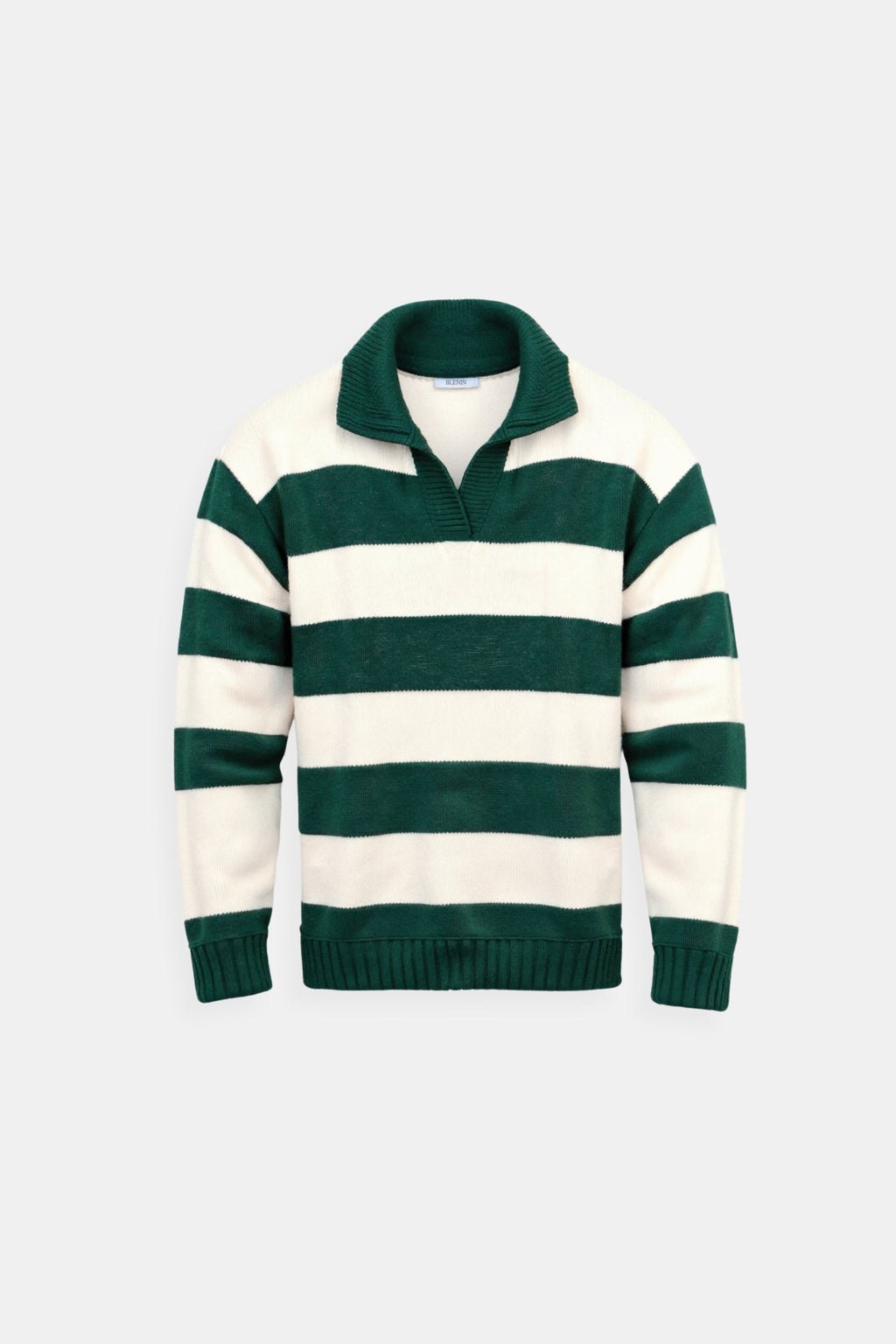 Green Color Block Striped Knitted Polo Pullover
