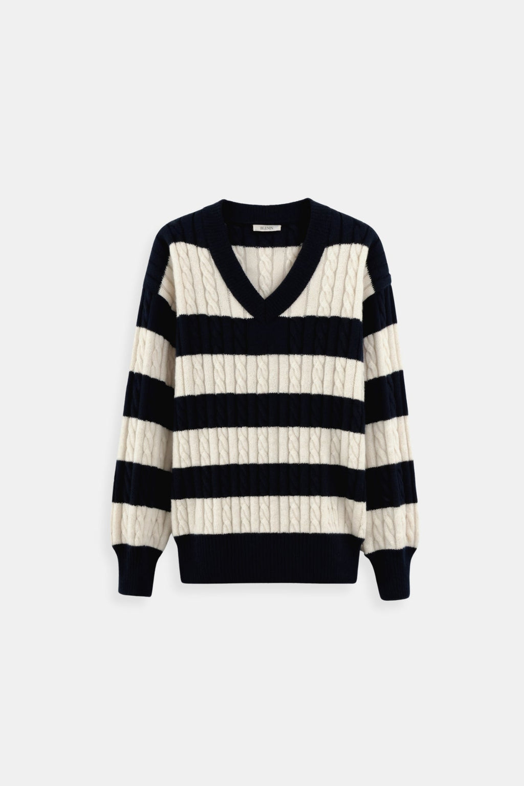 Cable Knit Color Block V Neck Elegant Drop Shoulder Sweater