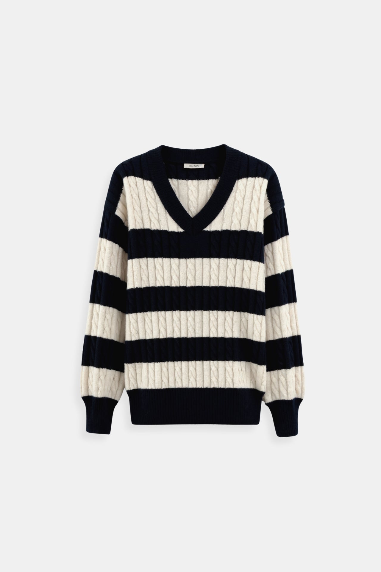 Cable Knit Color Block V Neck Elegant Drop Shoulder Sweater