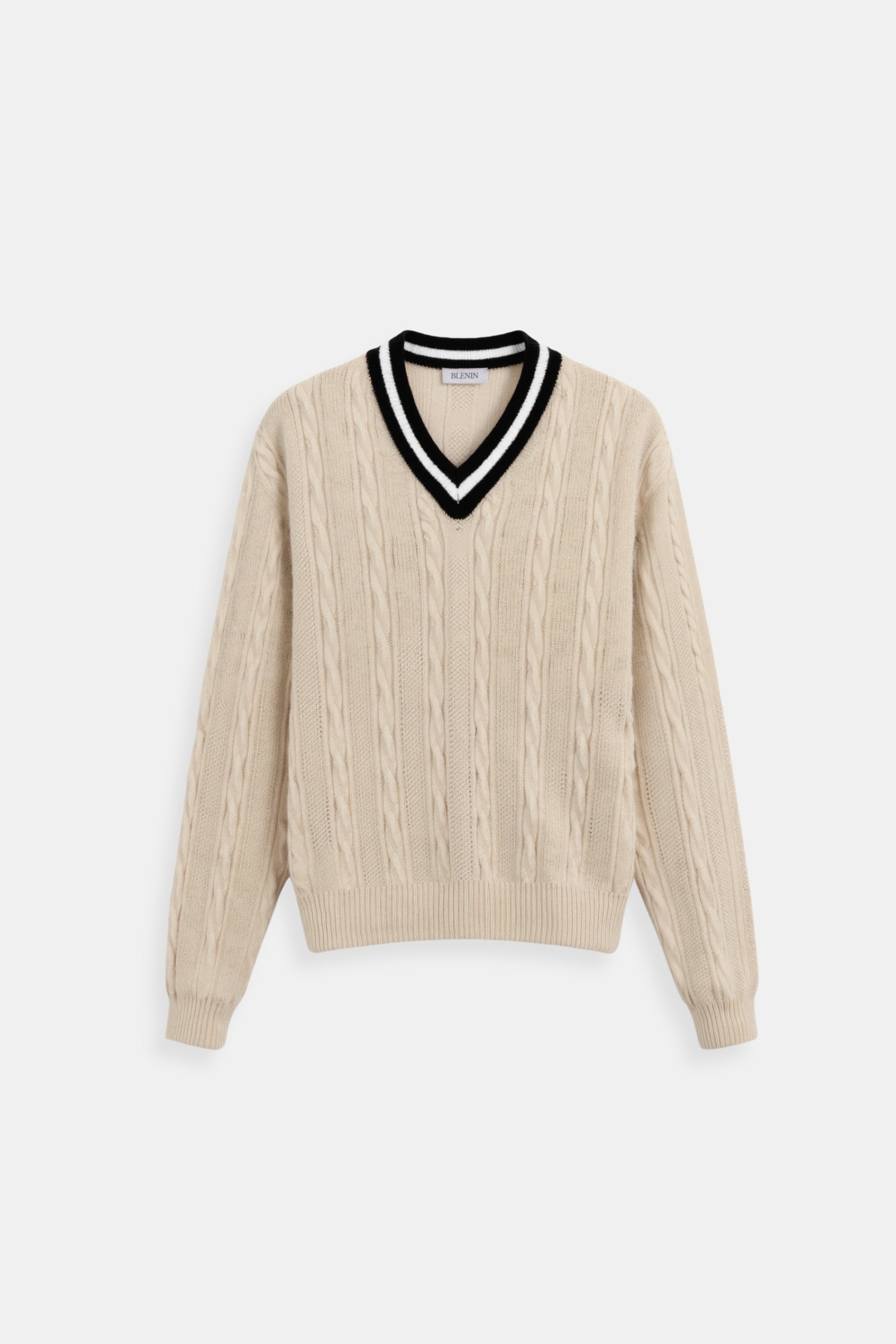 Contrast Trim V Neck Elegant Cable Knit Long Sleeve Sweater