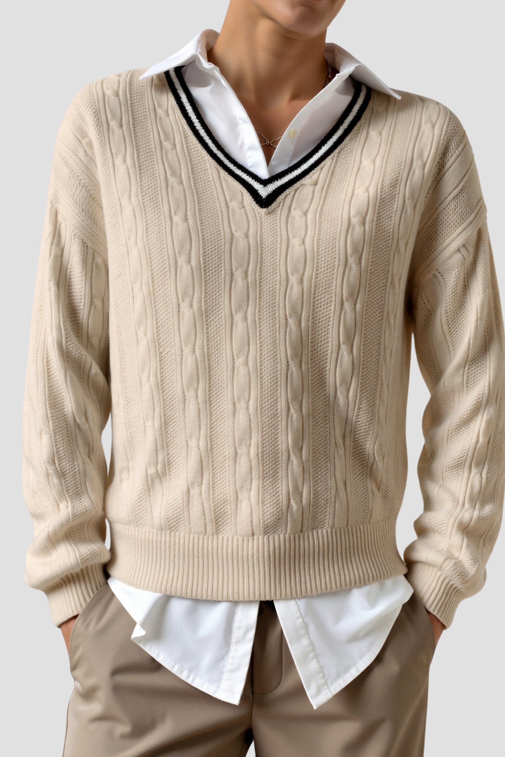 Contrast Trim V Neck Elegant Cable Knit Long Sleeve Sweater