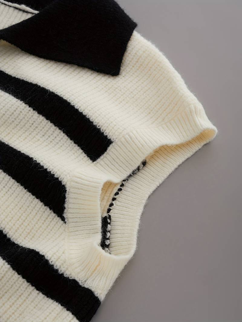 Women's Stylish Striped Knitted Sweater Polo Vest