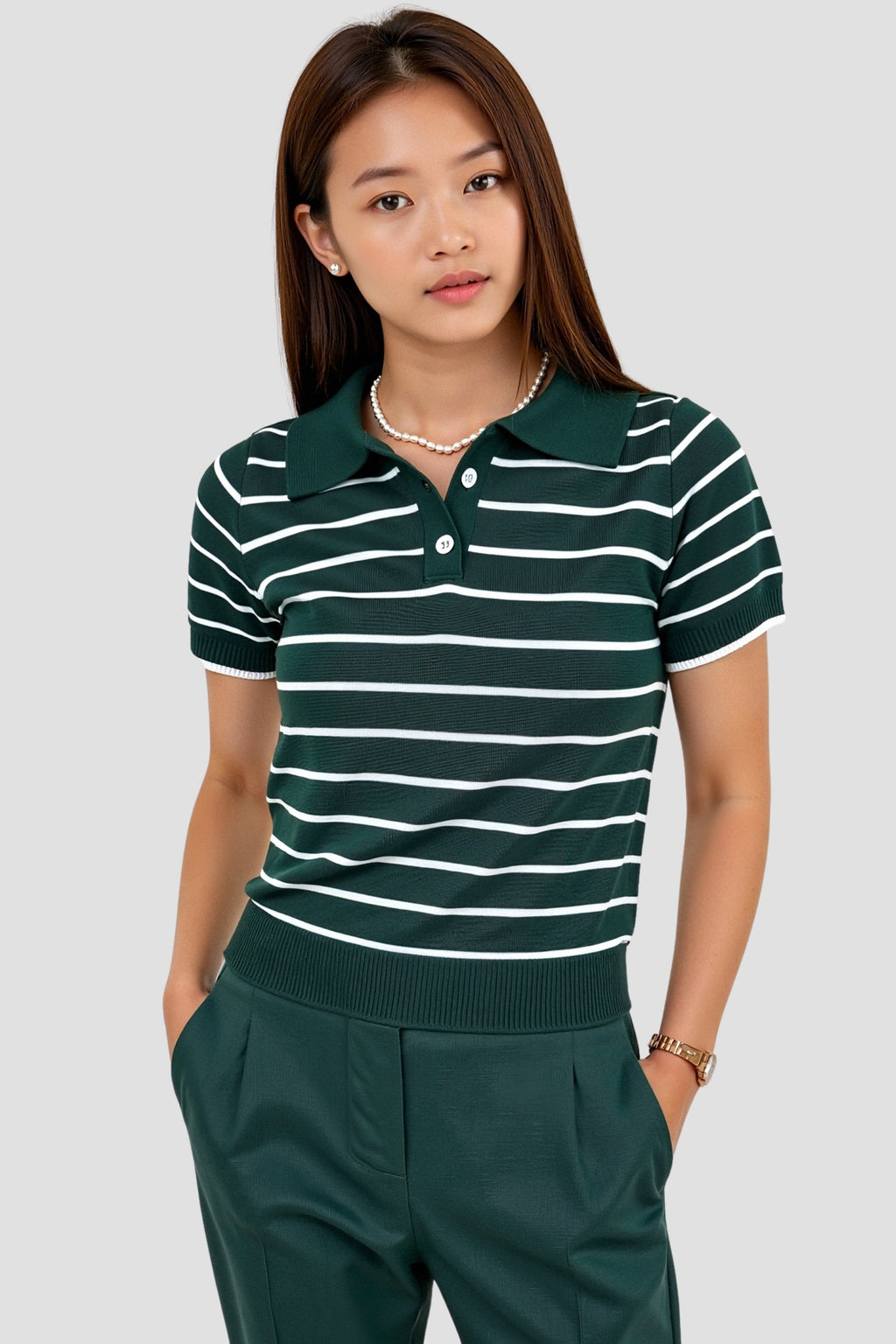 Casual Lapel Short Sleeve Striped Pattern Button Polo T-Shirt
