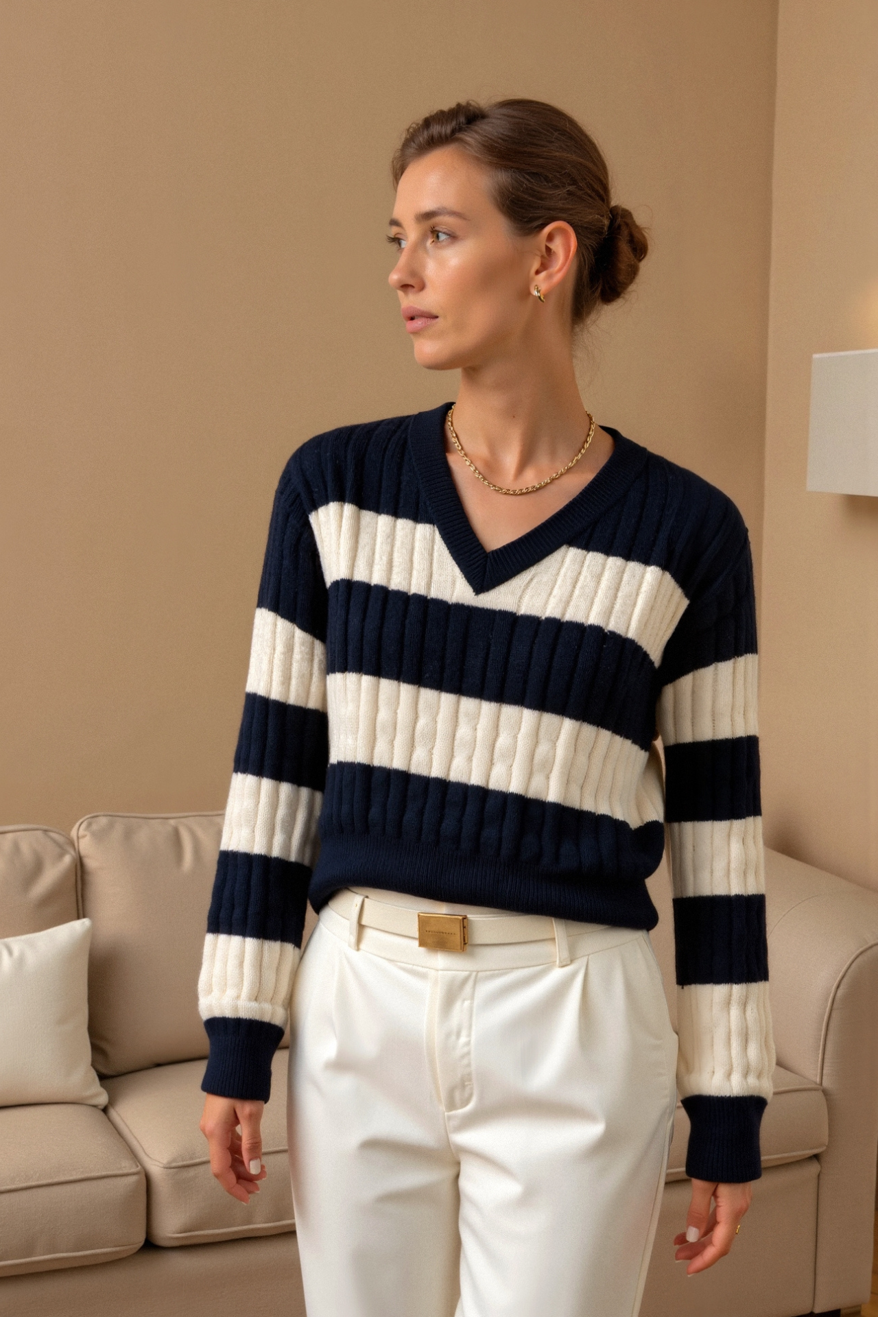 Cable Knit Color Block V Neck Elegant Drop Shoulder Sweater