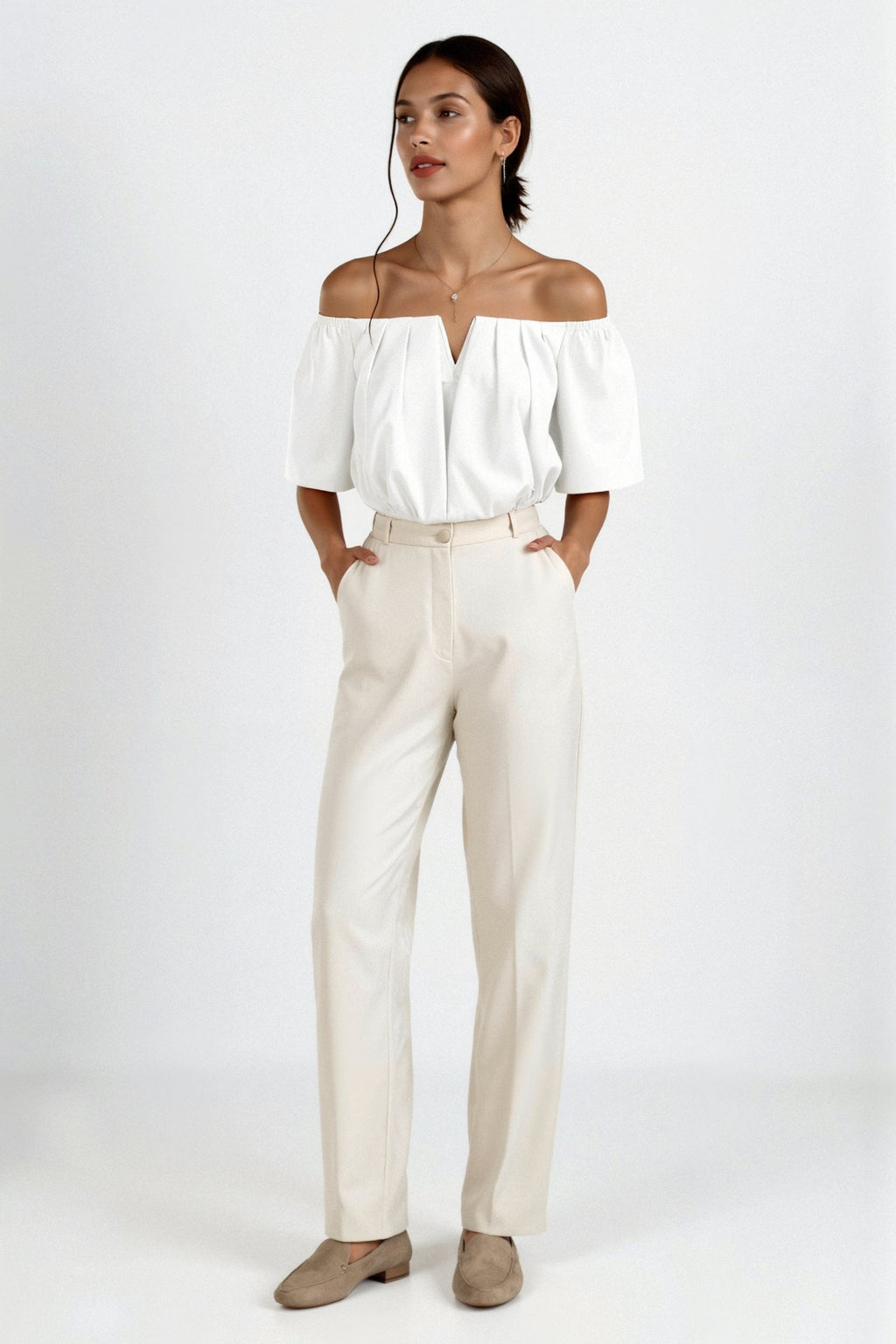 Elegant Loose Solid Pleated Notch Neck T-shirt