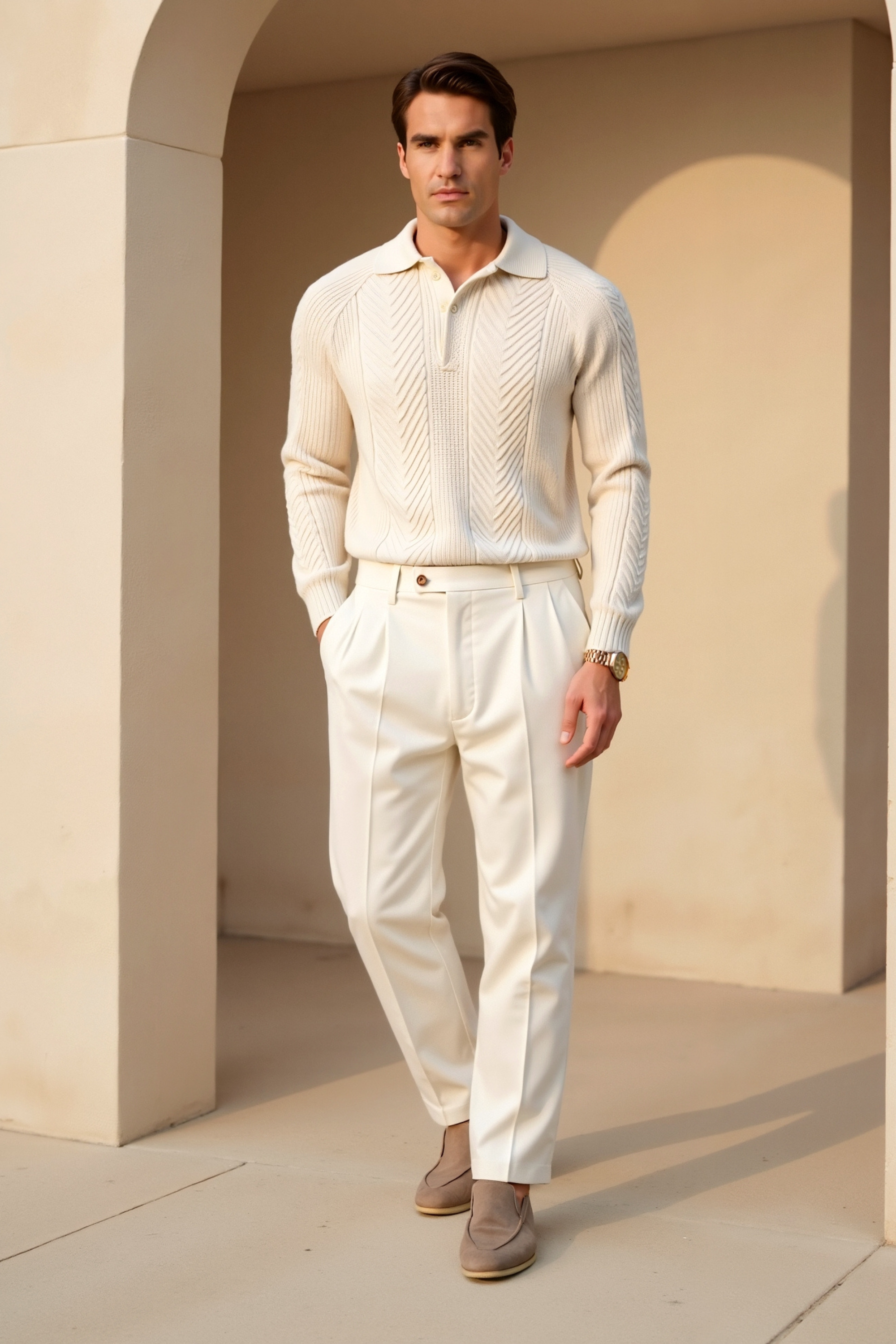 Men's Retro Solid Color Textured Knit Long Sleeve Golf Sweater