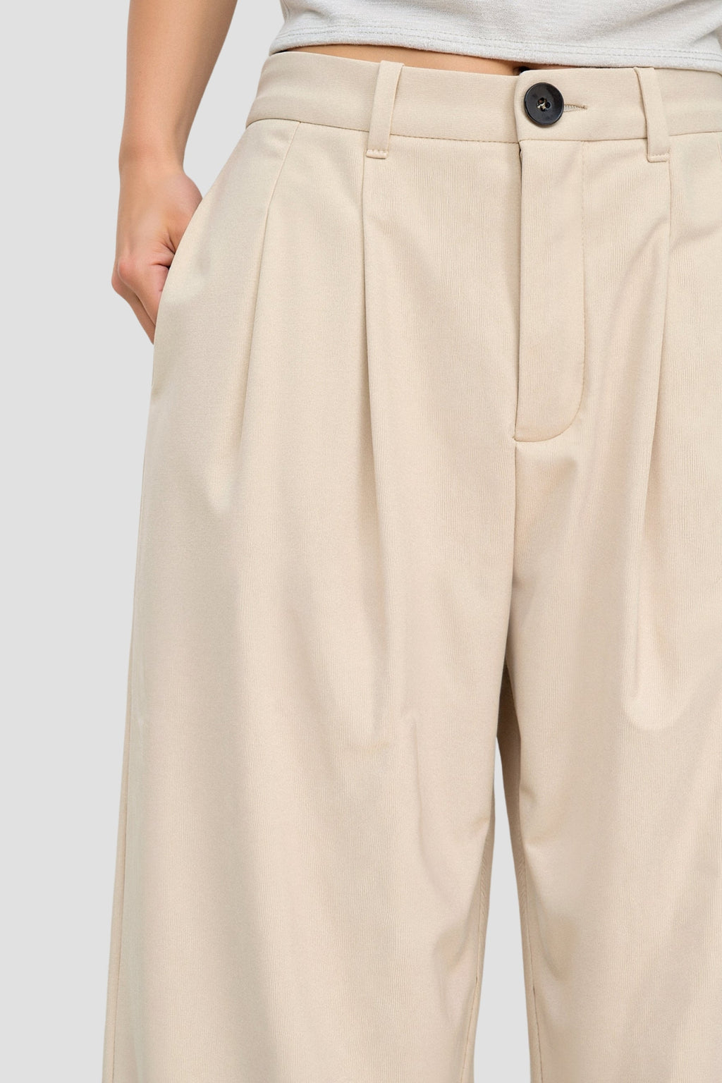 Solid Button Front High Waist Plicated Pants