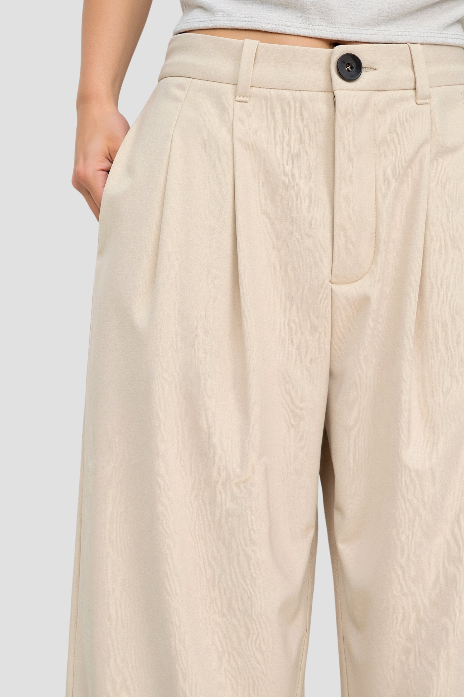 Solid Button Front High Waist Plicated Pants