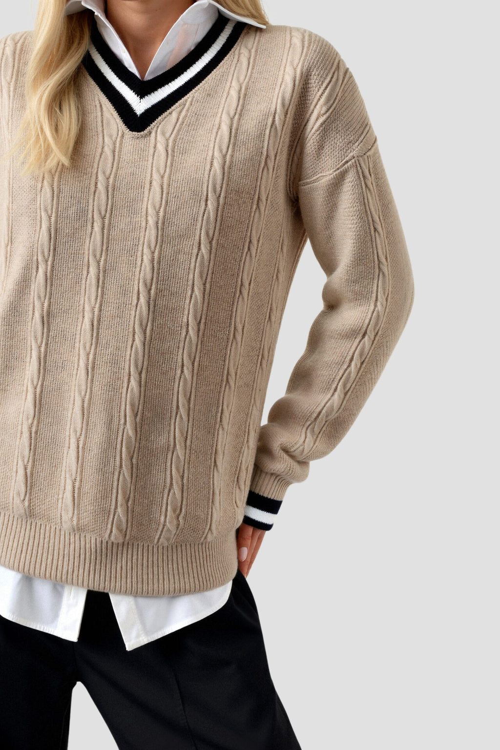 Contrast Trim V Neck Elegant Cable Knit Long Sleeve Sweater