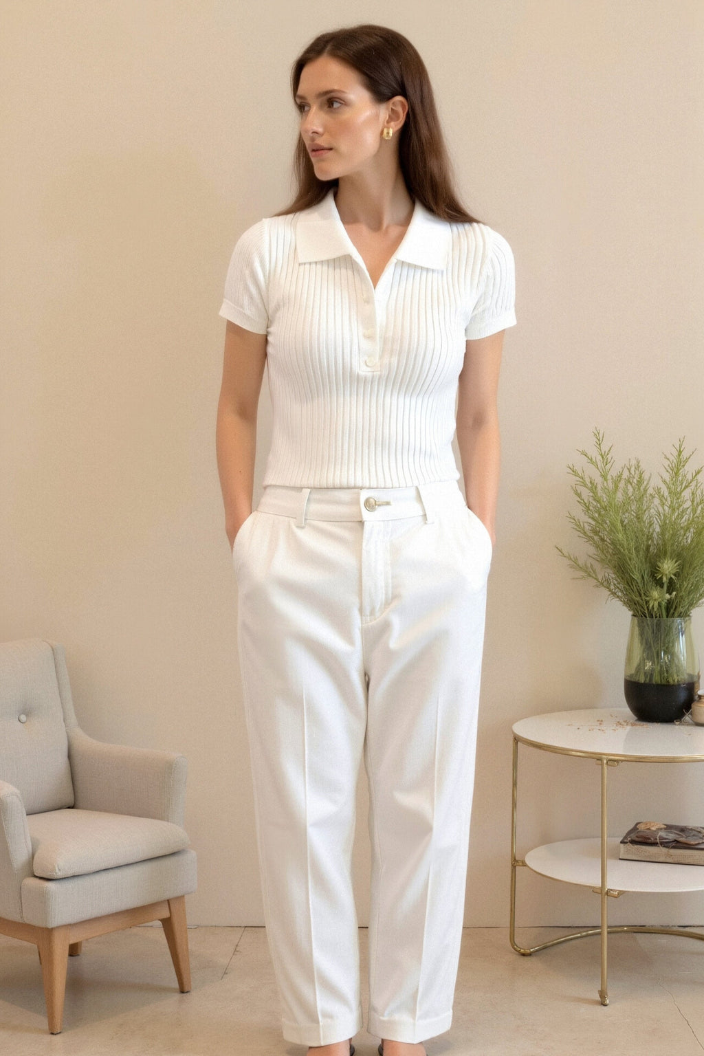 Premium Button Front V Neck Short Sleeve Slim Knit T-Shirt