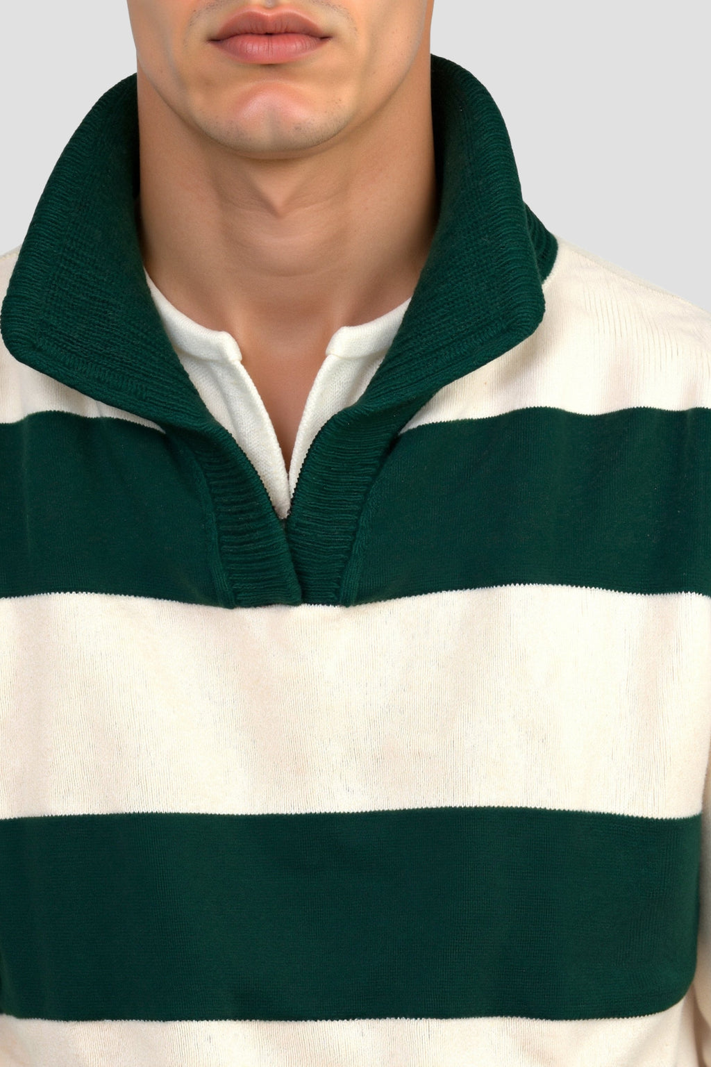 Green Color Block Striped Knitted Polo Pullover