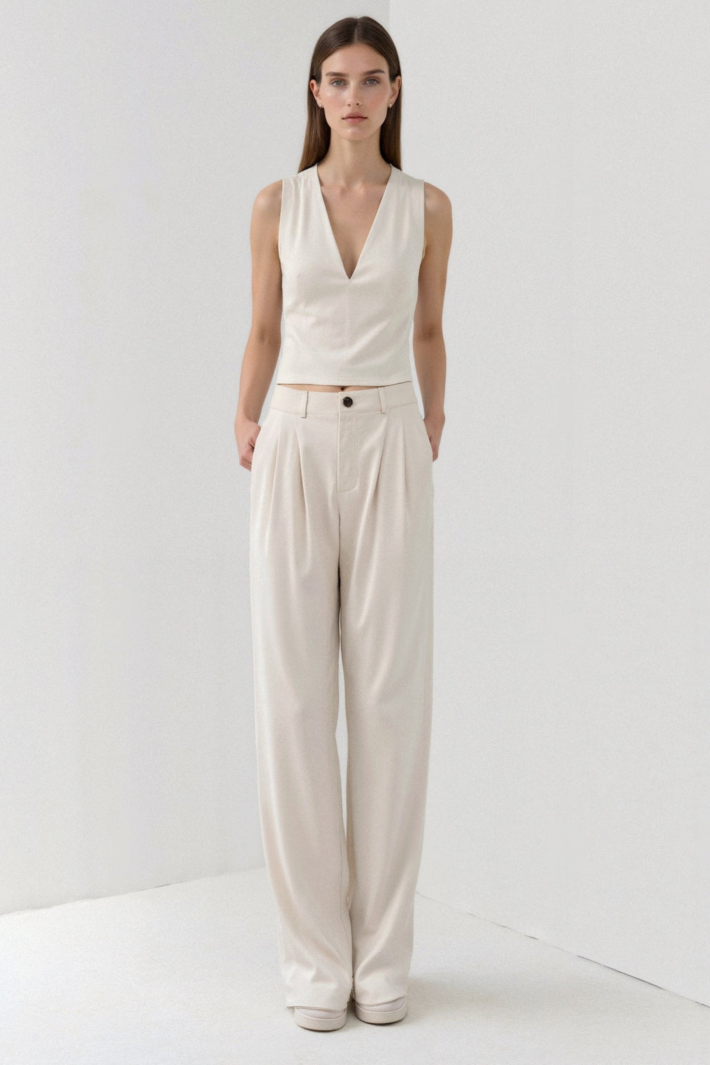 Solid Button Front High Waist Plicated Pants