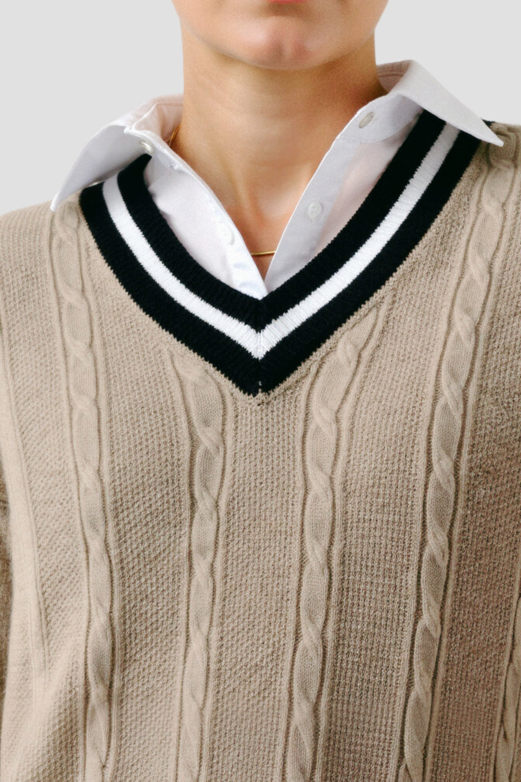 Contrast Trim V Neck Elegant Cable Knit Long Sleeve Sweater