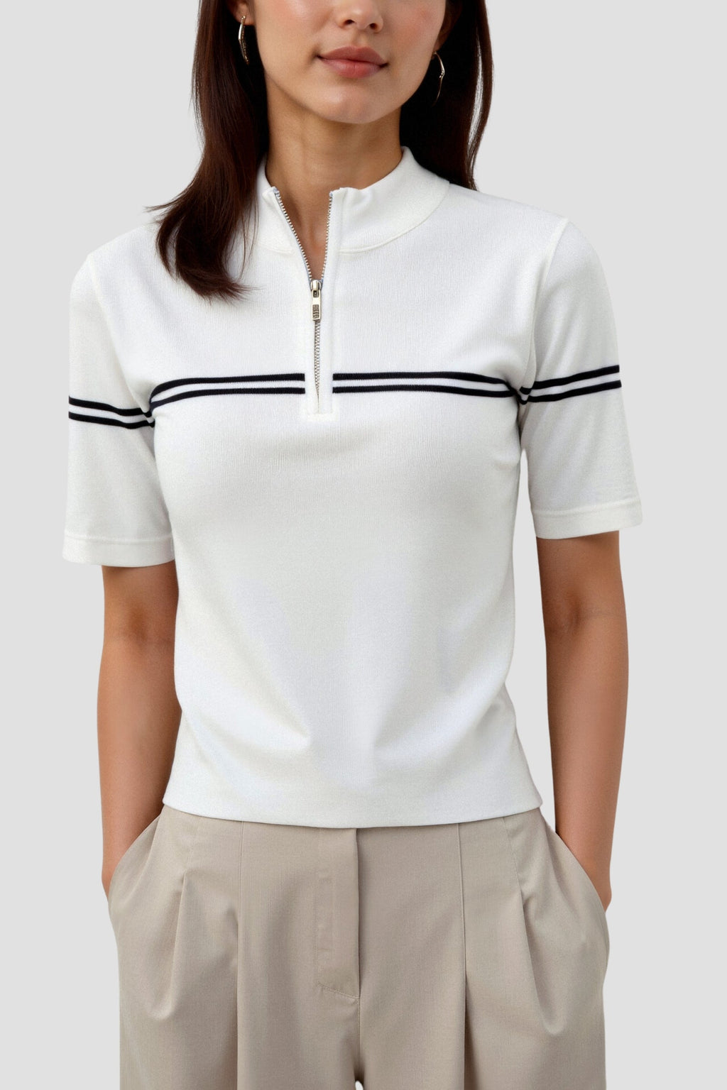 Zip Up Elegant Short Sleeve Striped T-shirt