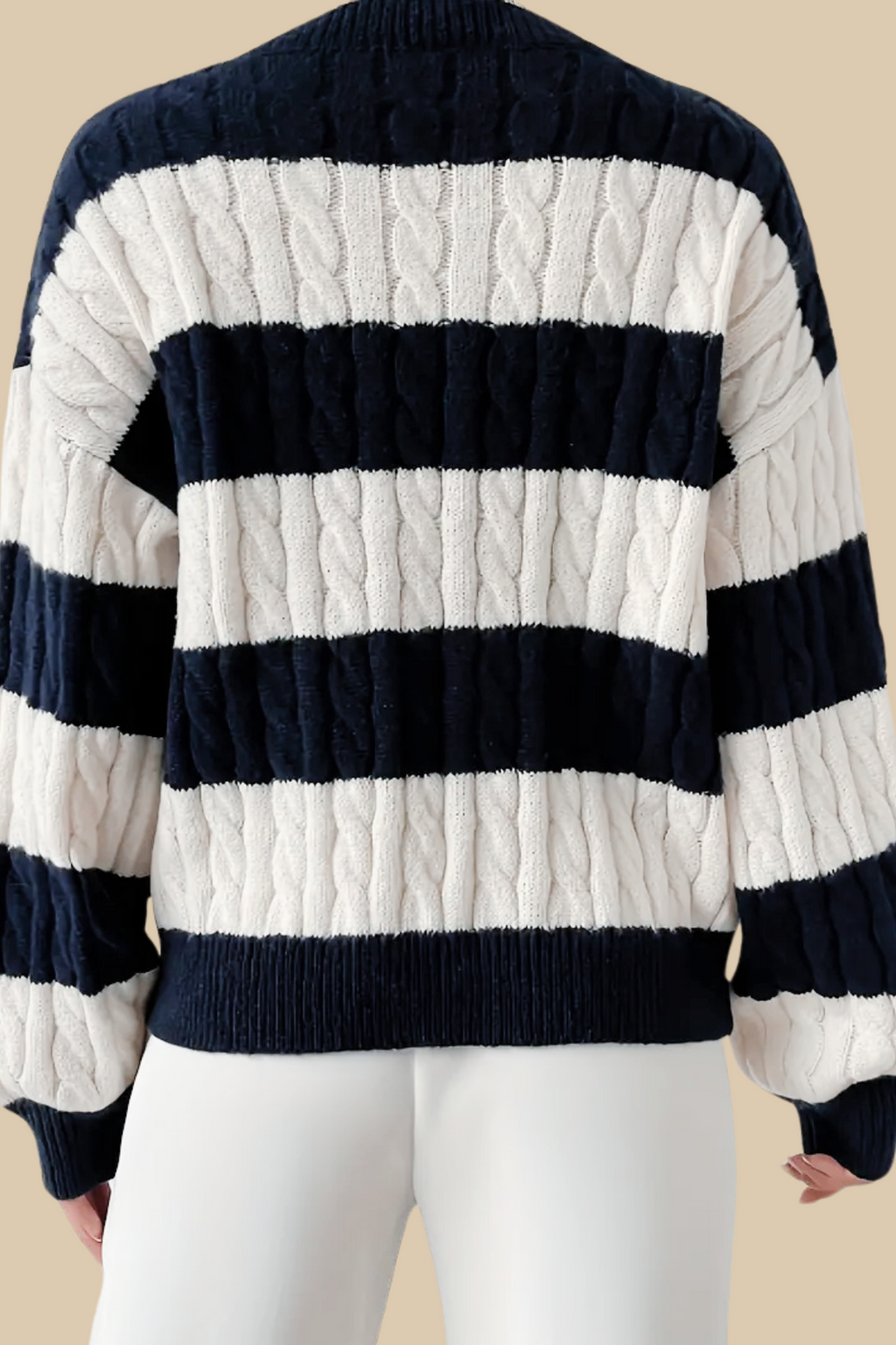 Cable Knit Color Block V Neck Elegant Drop Shoulder Sweater