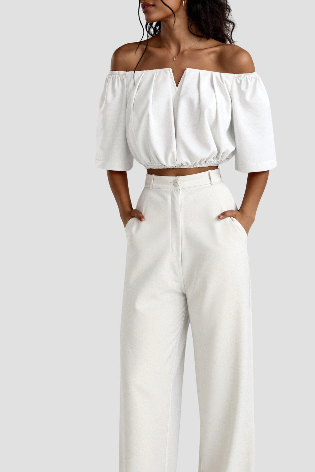 Elegant Loose Solid Pleated Notch Neck T-shirt