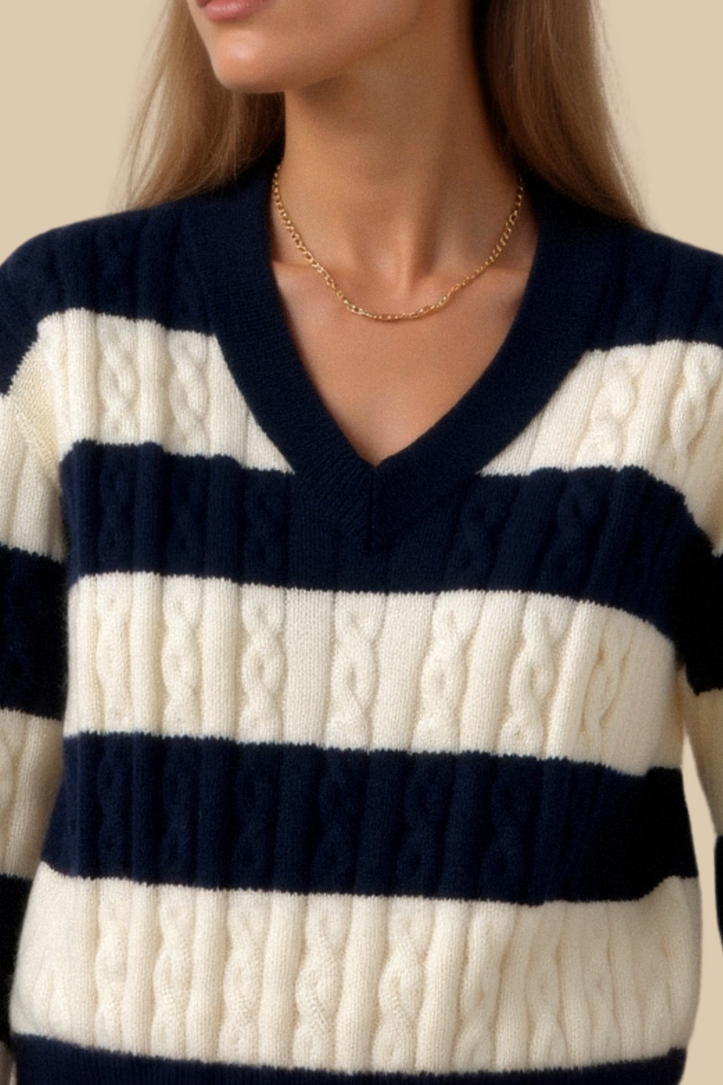Cable Knit Color Block V Neck Elegant Drop Shoulder Sweater
