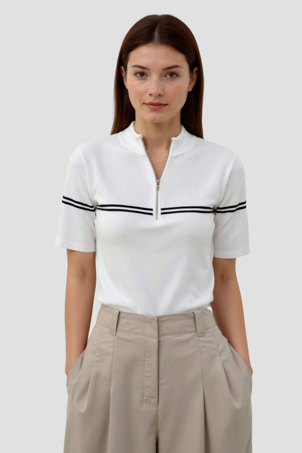 Zip Up Elegant Short Sleeve Striped T-shirt