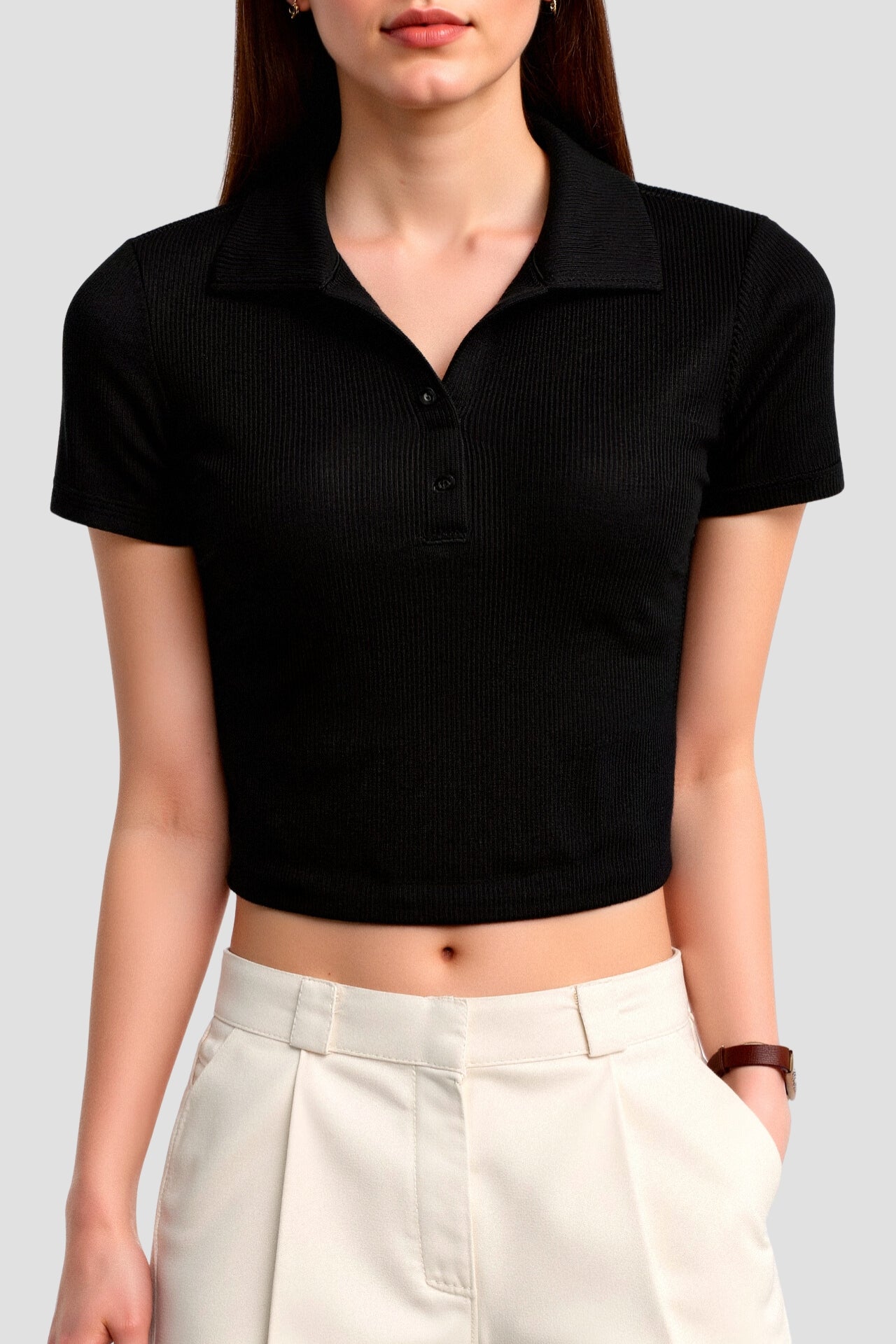 Cropped Solid Collared Short Sleeve Ribbed Polo T-shirt